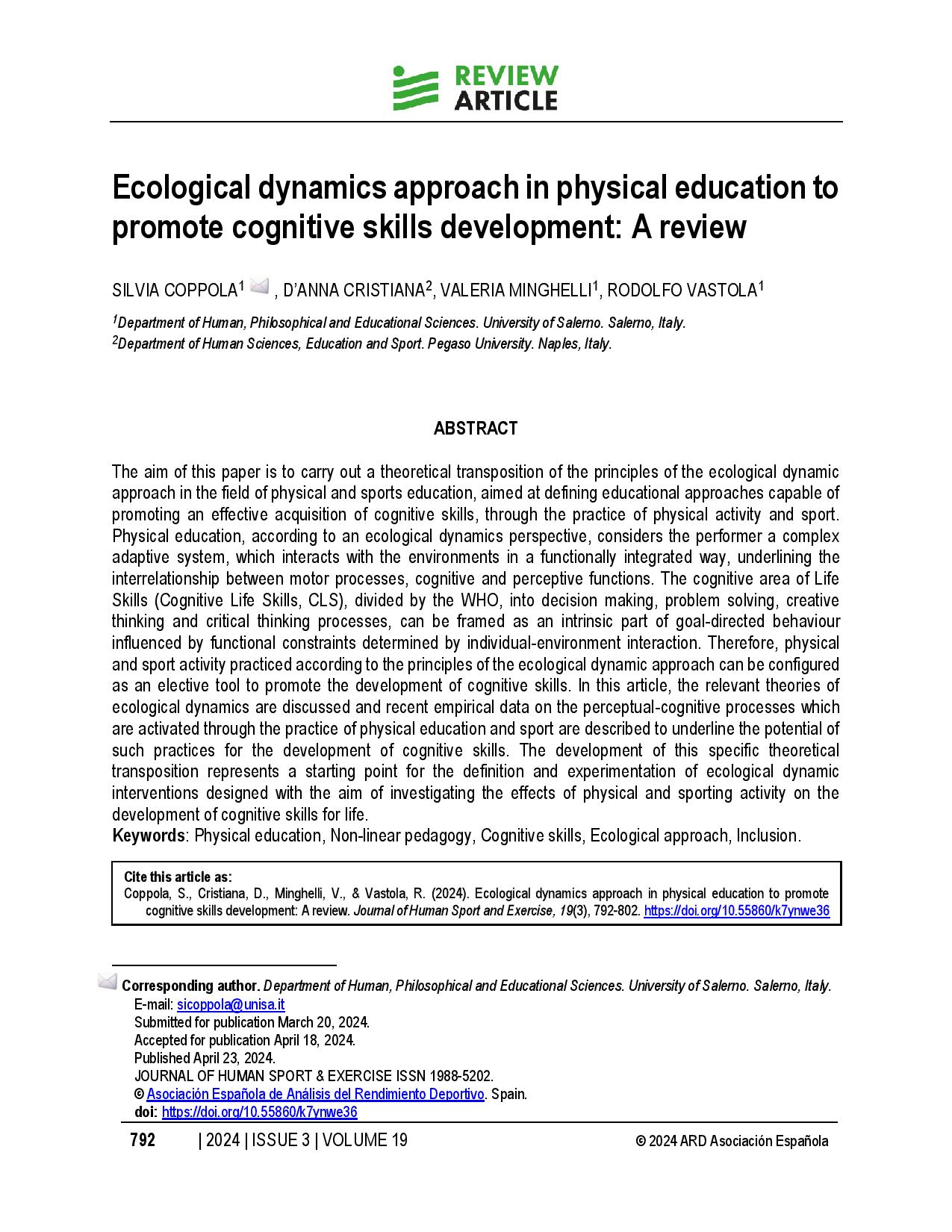 Ecological dynamics approach in physical education to promote cognitive skills development: A review
