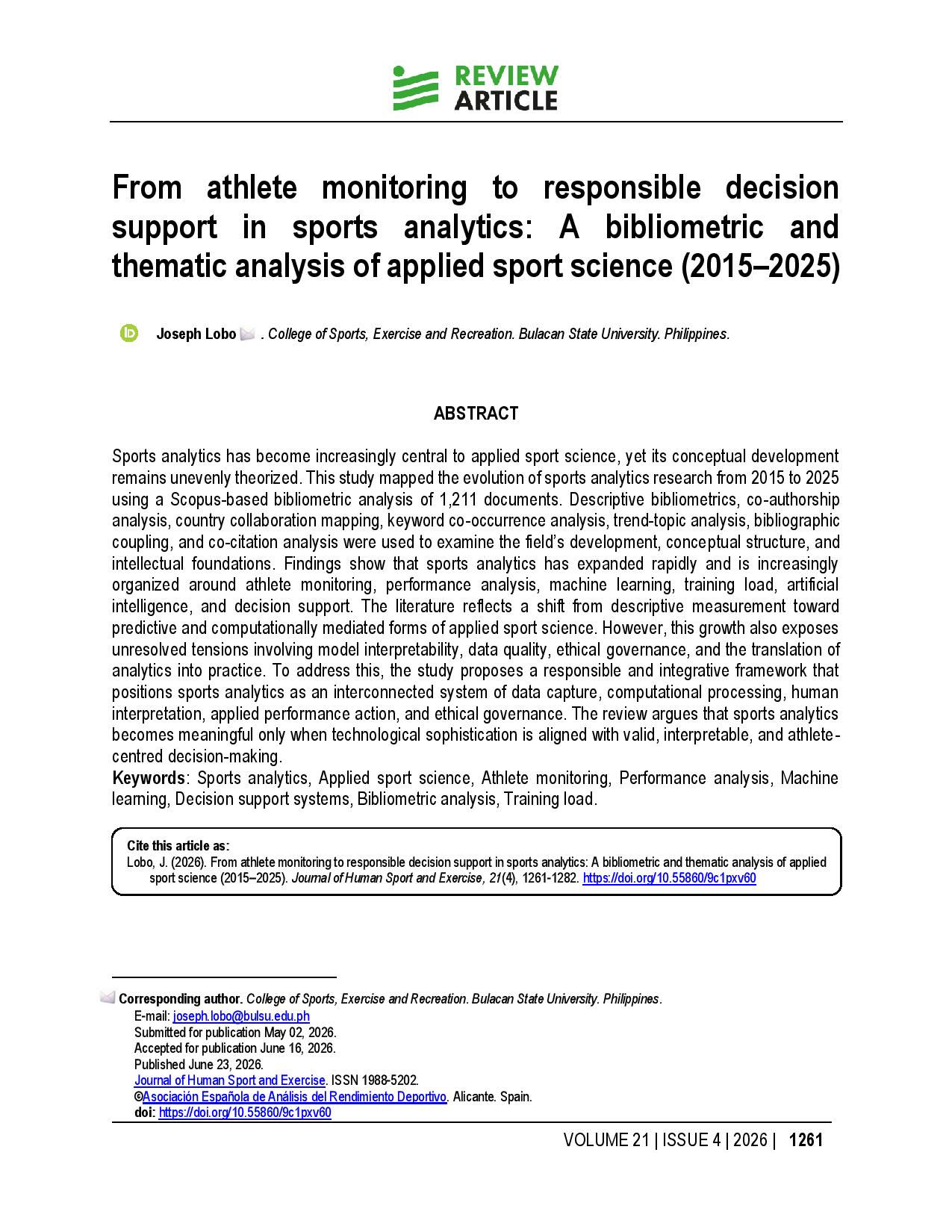 From athlete monitoring to responsible decision support in sports analytics: A bibliometric and thematic analysis of applied sport science (2015–2025)