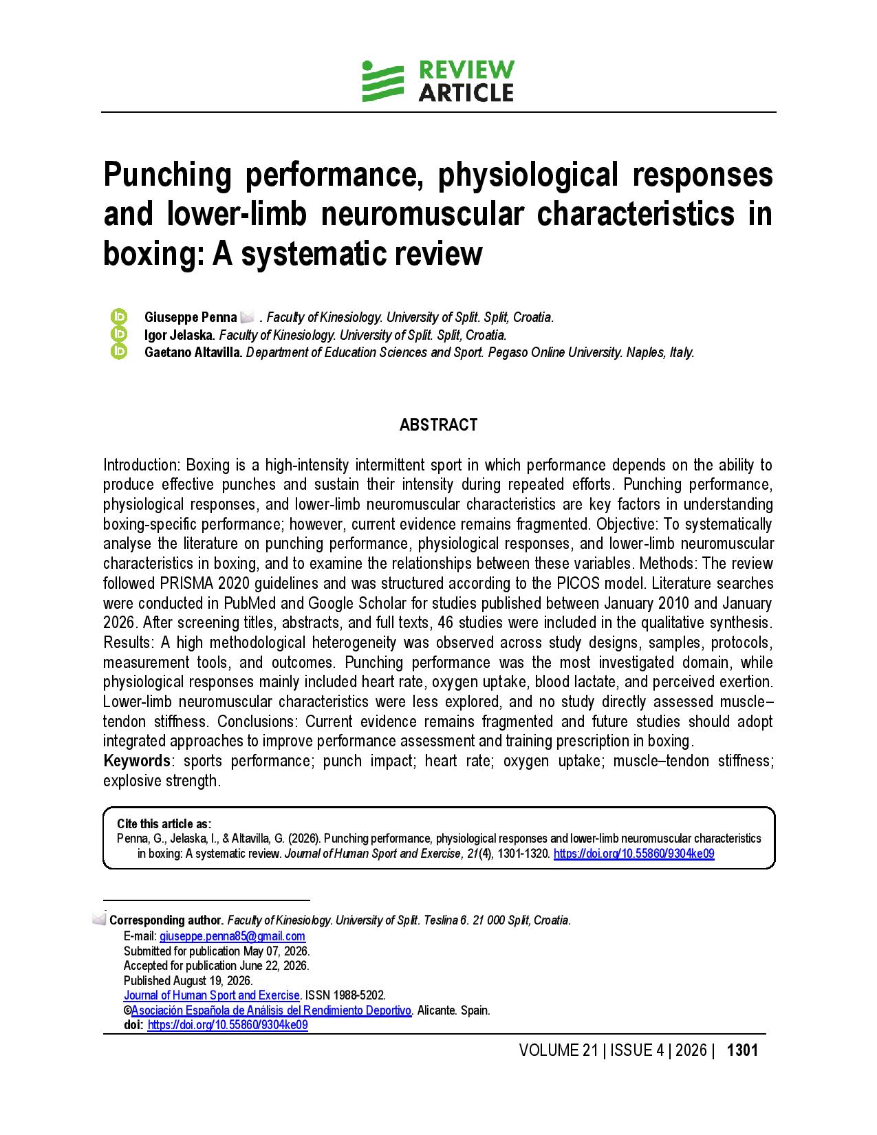 Punching performance, physiological responses and lower-limb neuromuscular characteristics in boxing: A systematic review
