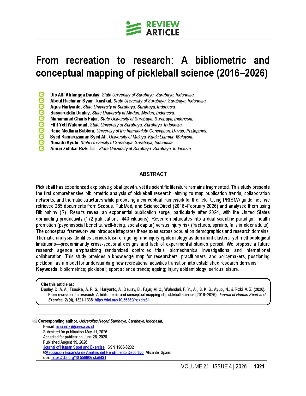 From recreation to research: A bibliometric and conceptual mapping of pickleball science (2016–2026)