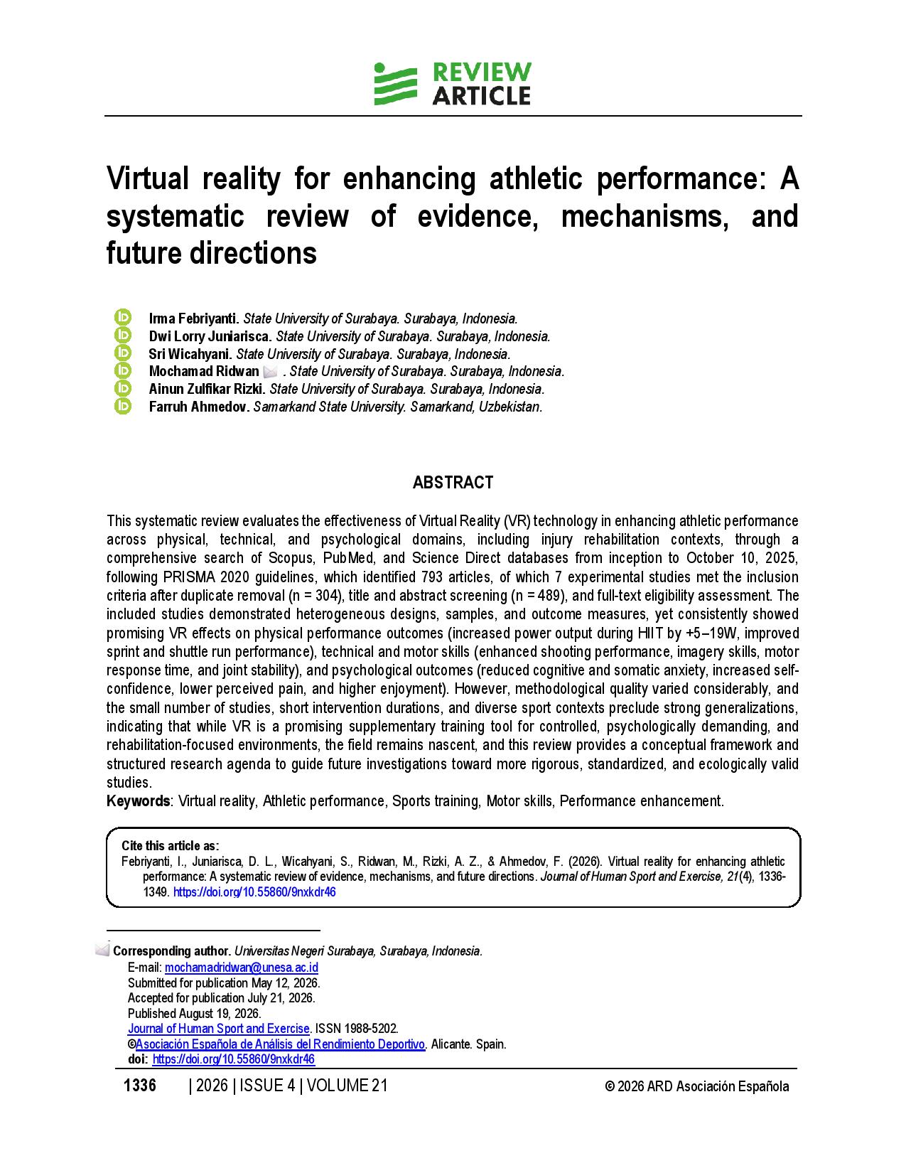 Virtual reality for enhancing athletic performance: A systematic review of evidence, mechanisms, and future directions
