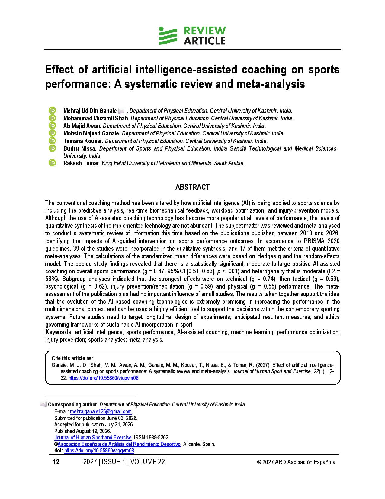 Effect of artificial intelligence-assisted coaching on sports performance: A systematic review and meta-analysis