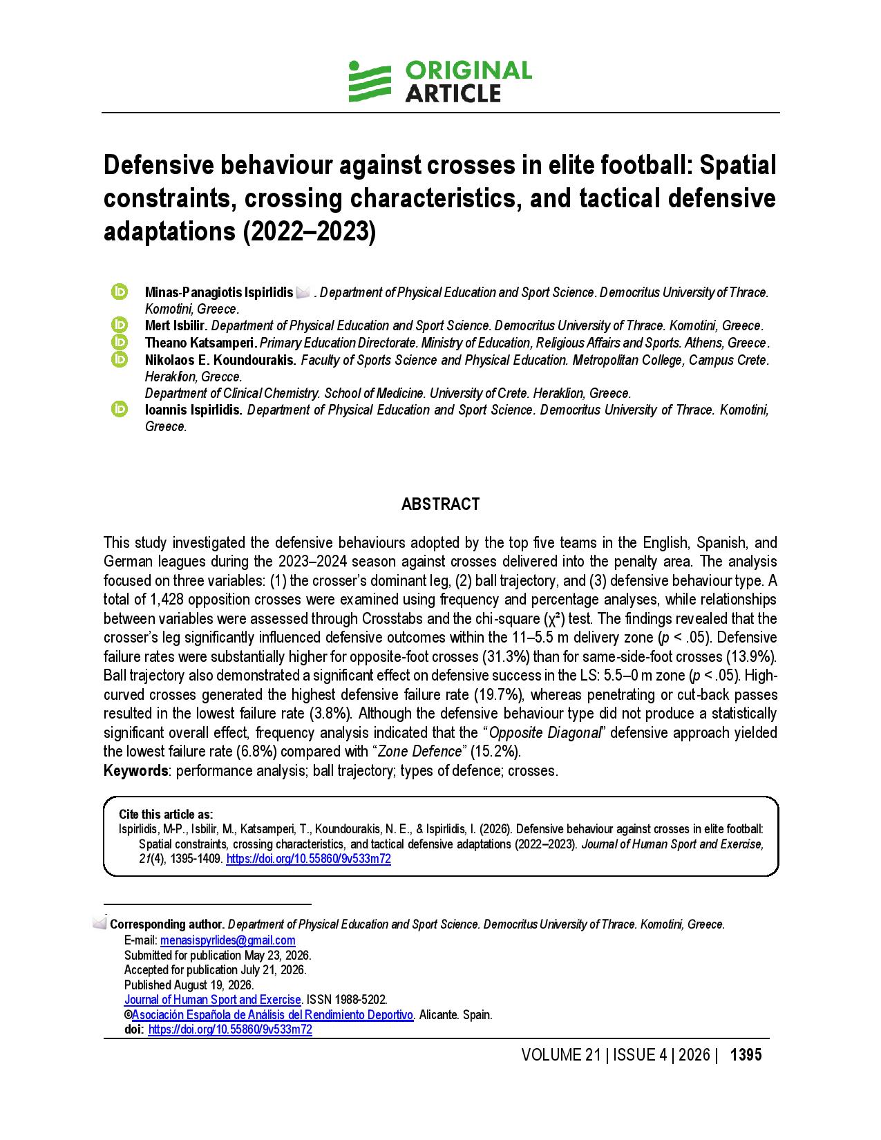 Defensive behaviour against crosses in elite football: Spatial constraints, crossing characteristics, and tactical defensive adaptations (2022–2023)