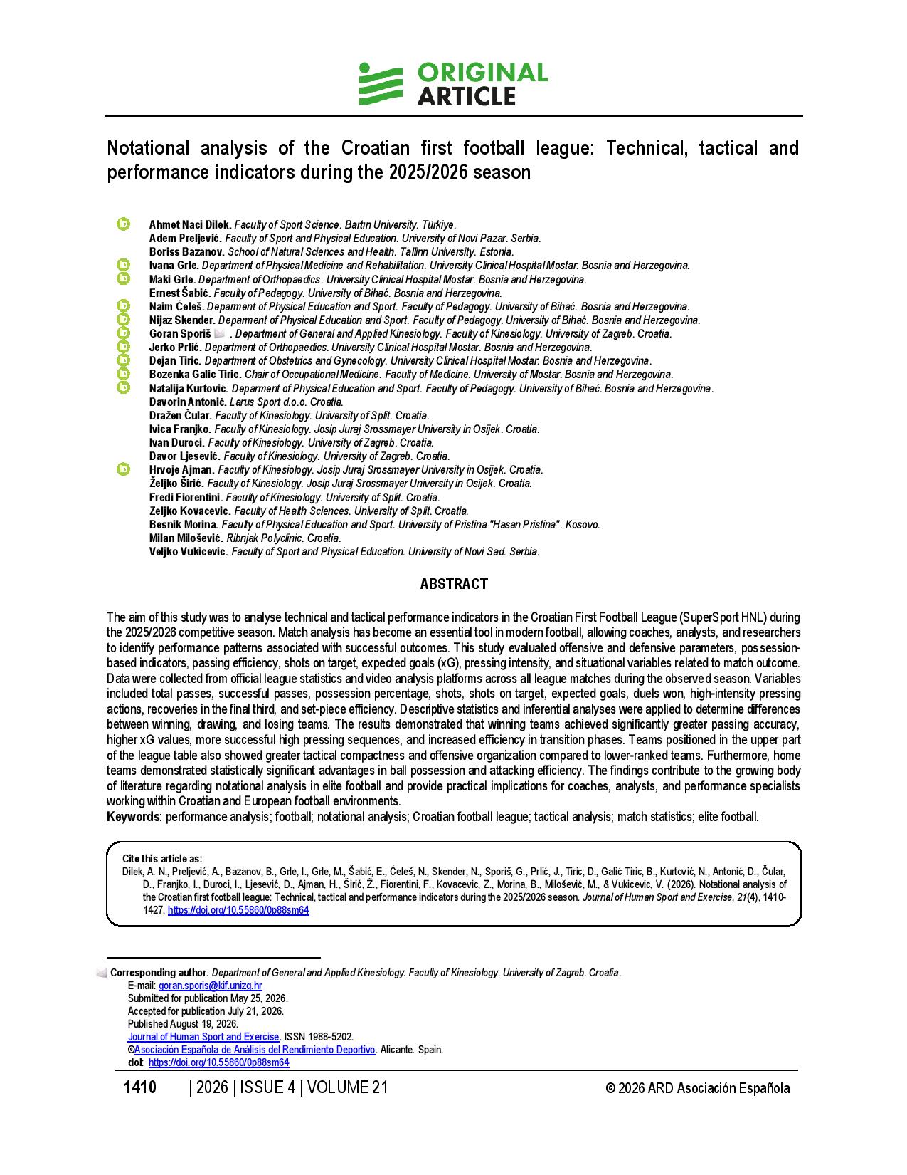 Notational analysis of the Croatian first football league: Technical, tactical and performance indicators during the 2025/2026 season