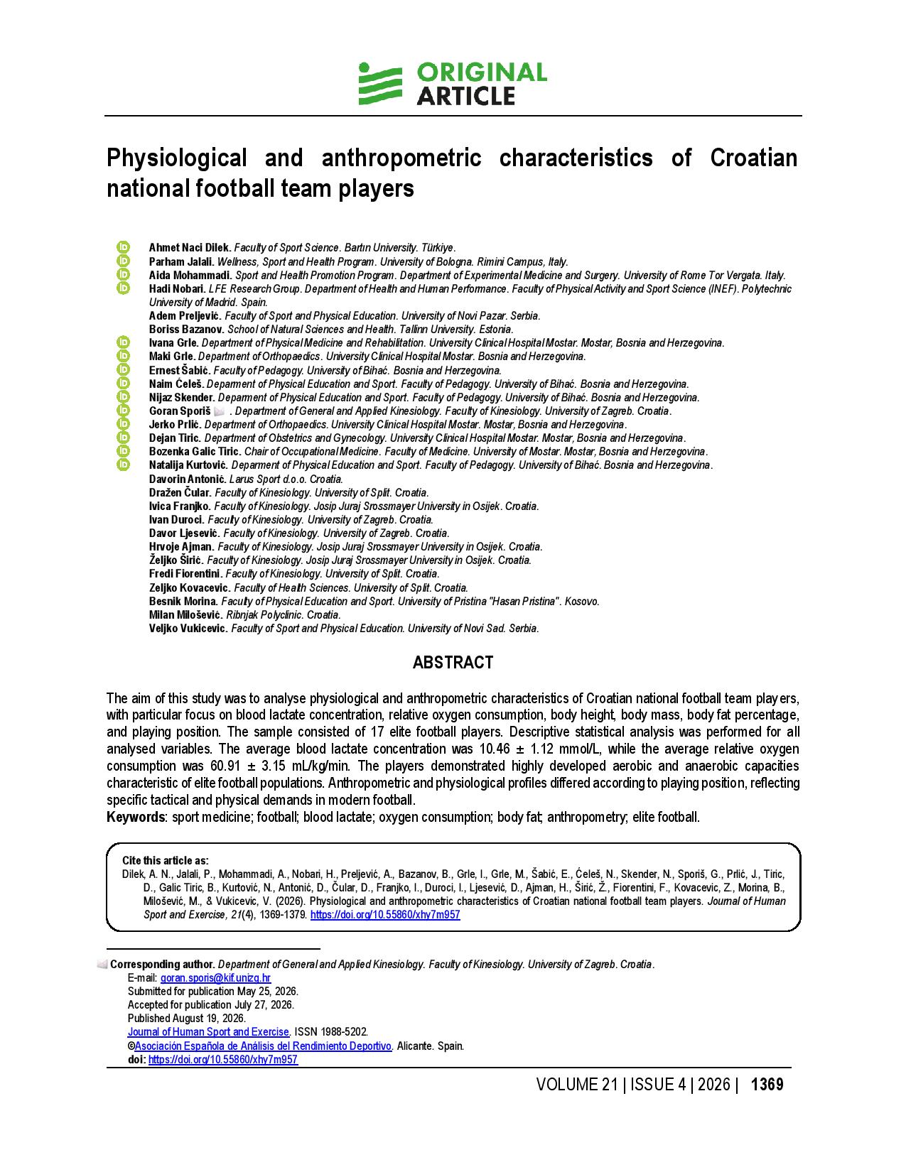 Physiological and anthropometric characteristics of Croatian national football team players