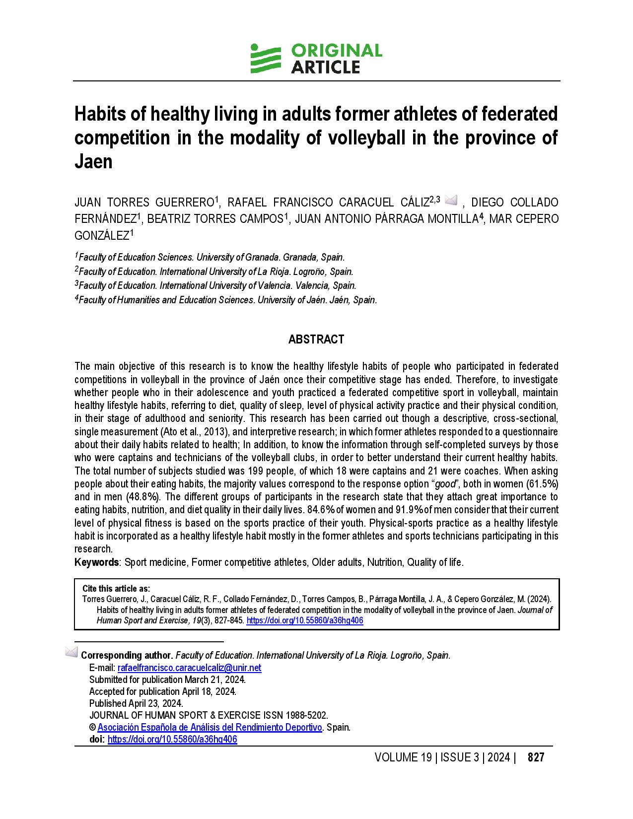 Habits of healthy living in adults former athletes of federated competition in the modality of volleyball in the province of Jaen