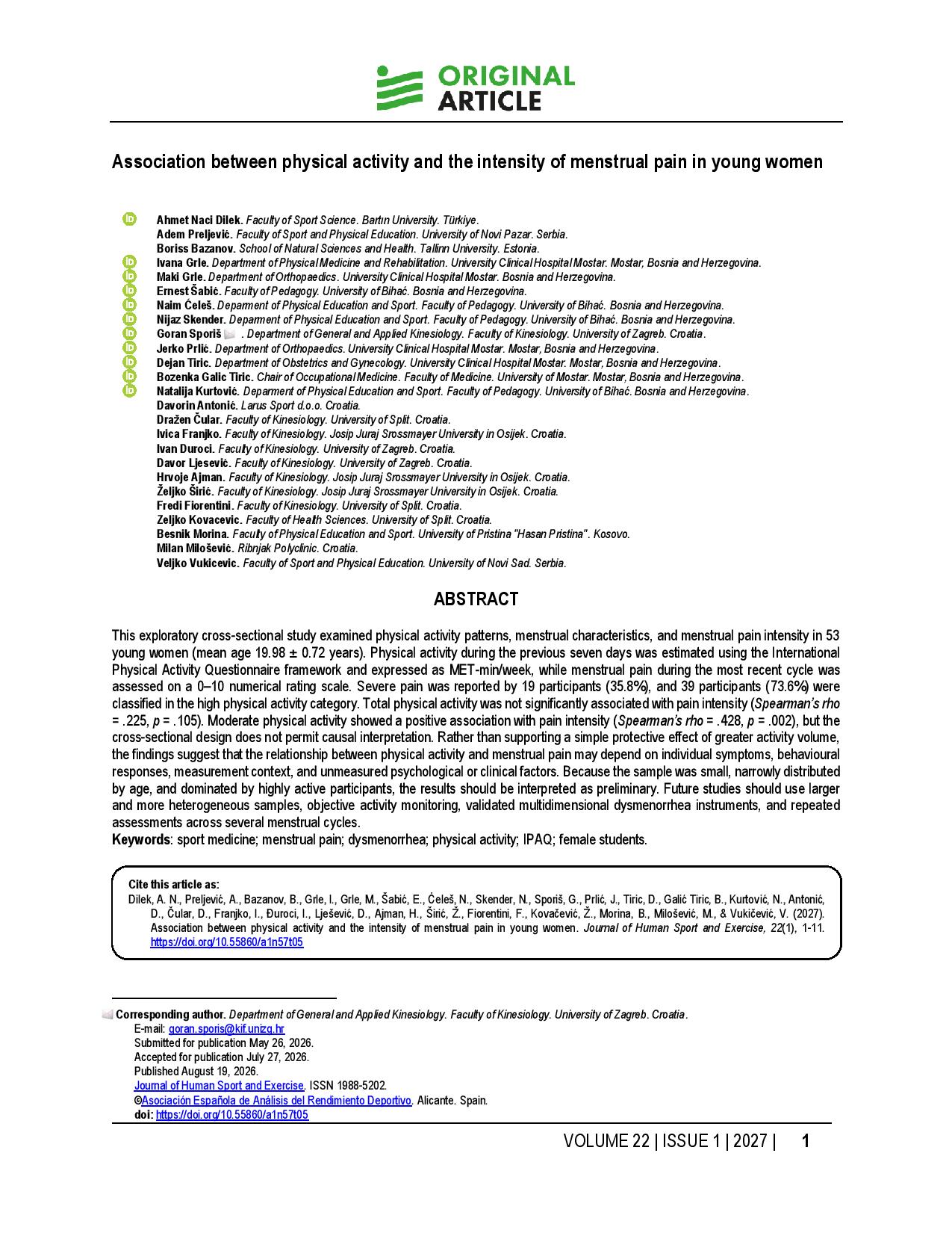 Association between physical activity and the intensity of menstrual pain in young women