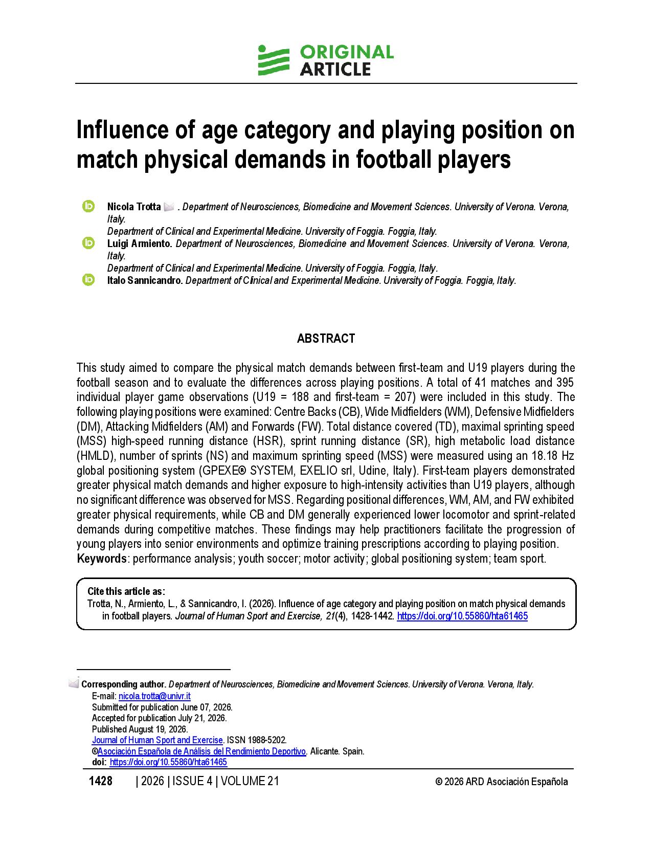Influence of age category and playing position on match physical demands in football players