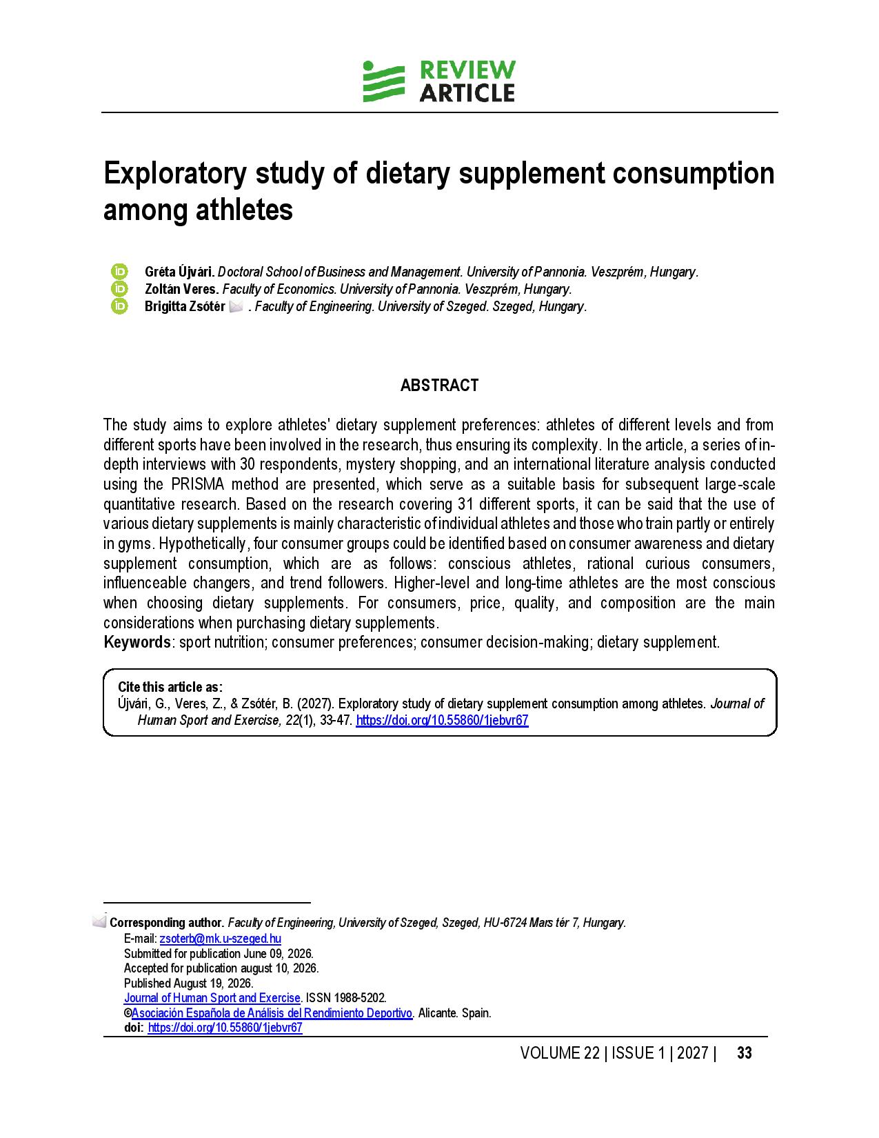Exploratory study of dietary supplement consumption among athletes