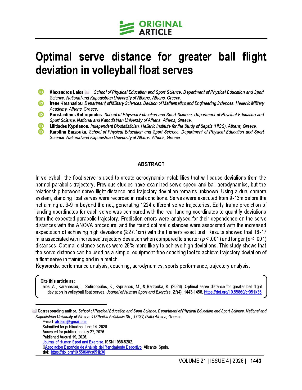 Optimal serve distance for greater ball flight deviation in volleyball float serves