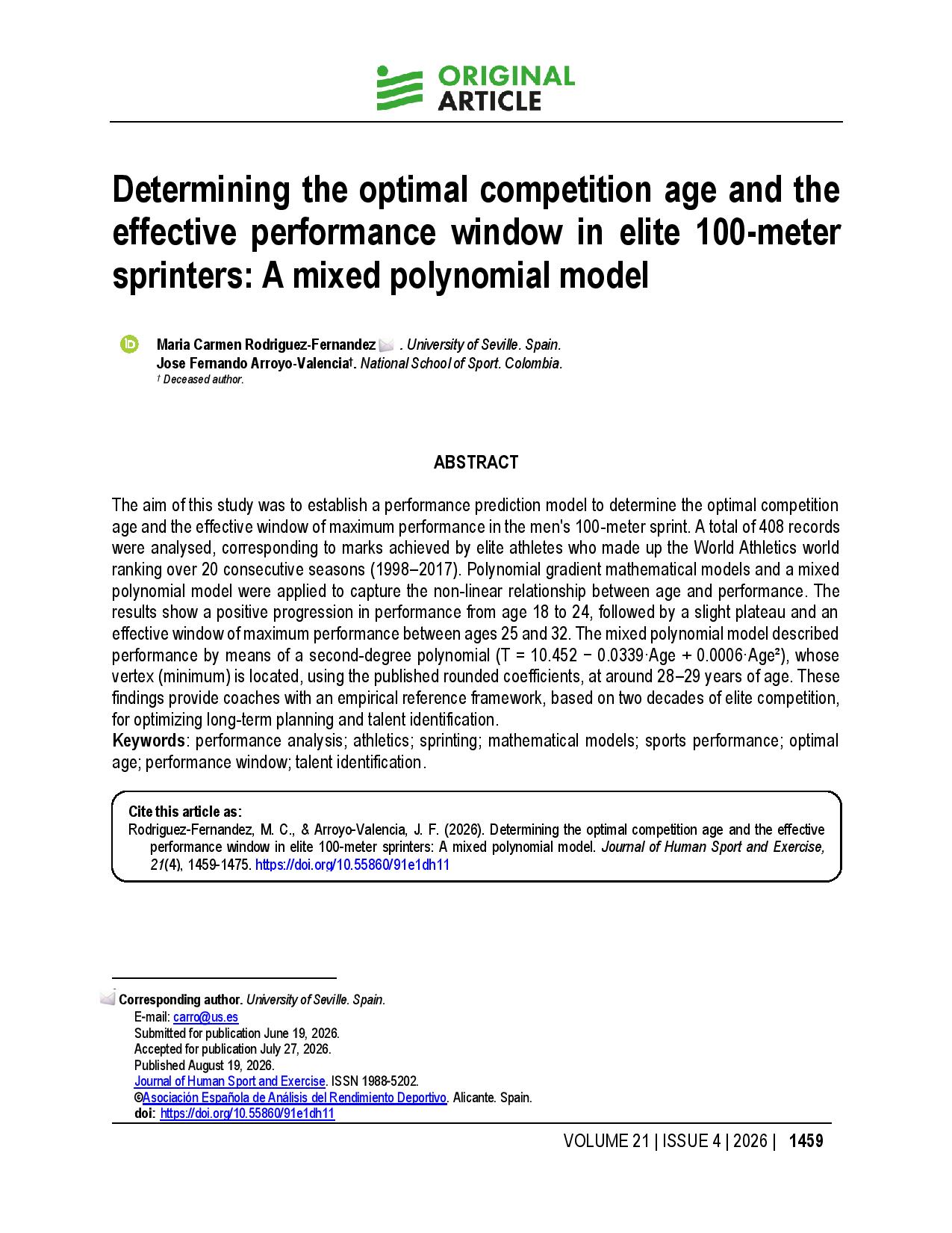 Determining the optimal competition age and the effective performance window in elite 100-meter sprinters: A mixed polynomial model