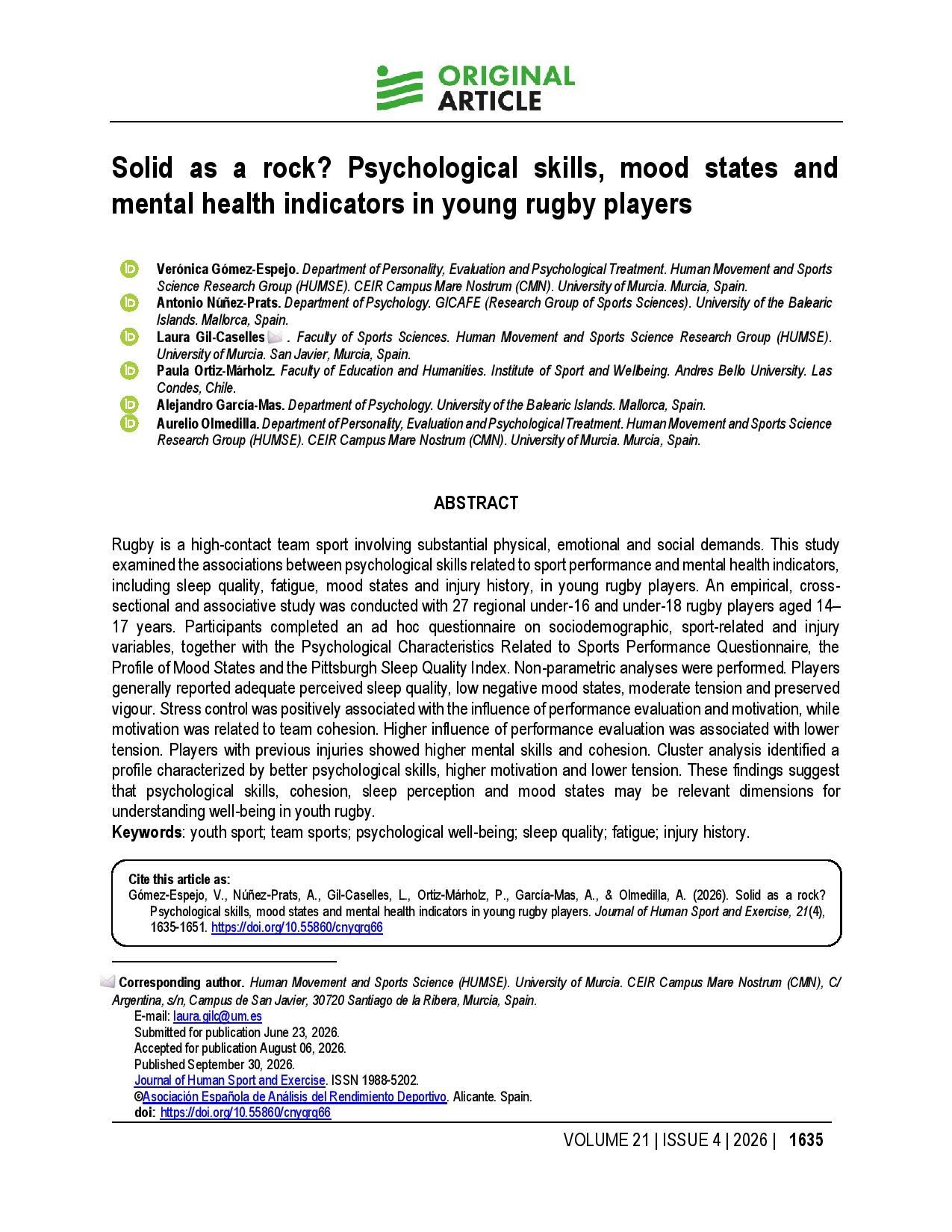 Solid as a rock? Psychological skills, mood states and mental health indicators in young rugby players