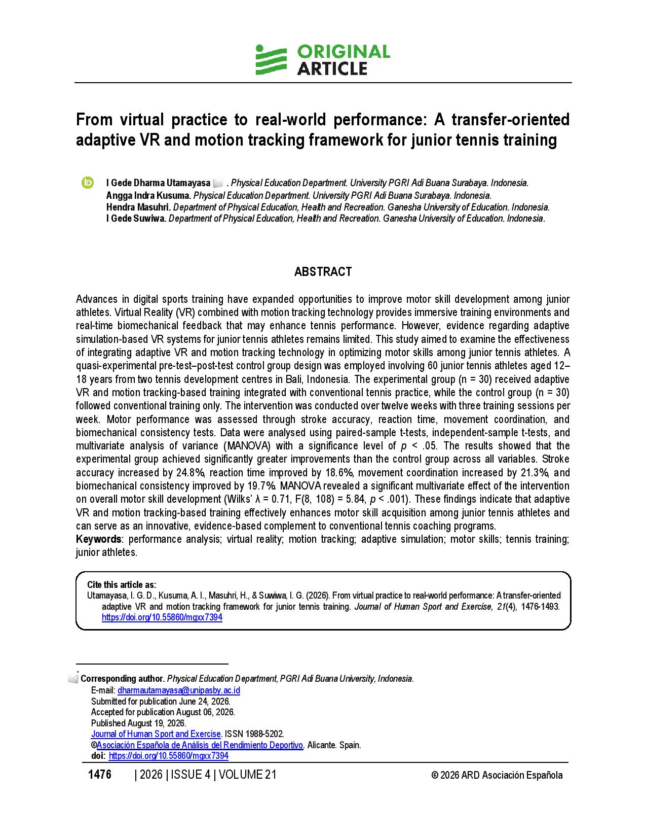 From virtual practice to real-world performance: A transfer-oriented adaptive VR and motion tracking framework for junior tennis training