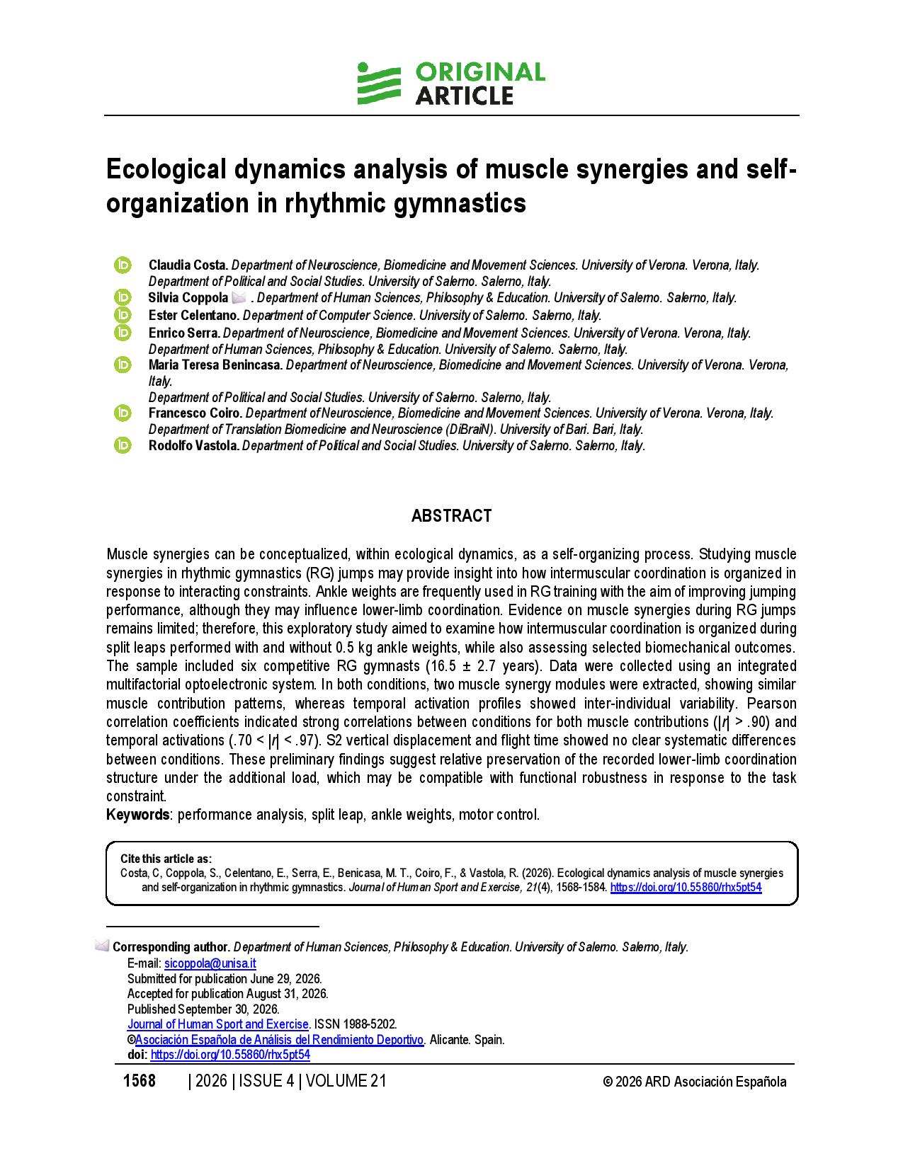 Ecological dynamics analysis of muscle synergies and self-organization in rhythmic gymnastics