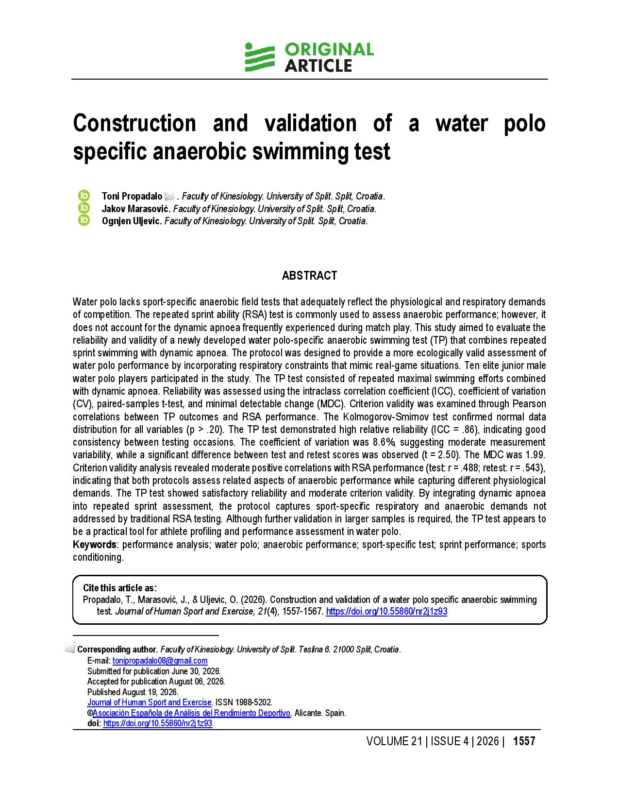 Construction and validation of a water polo specific anaerobic swimming test