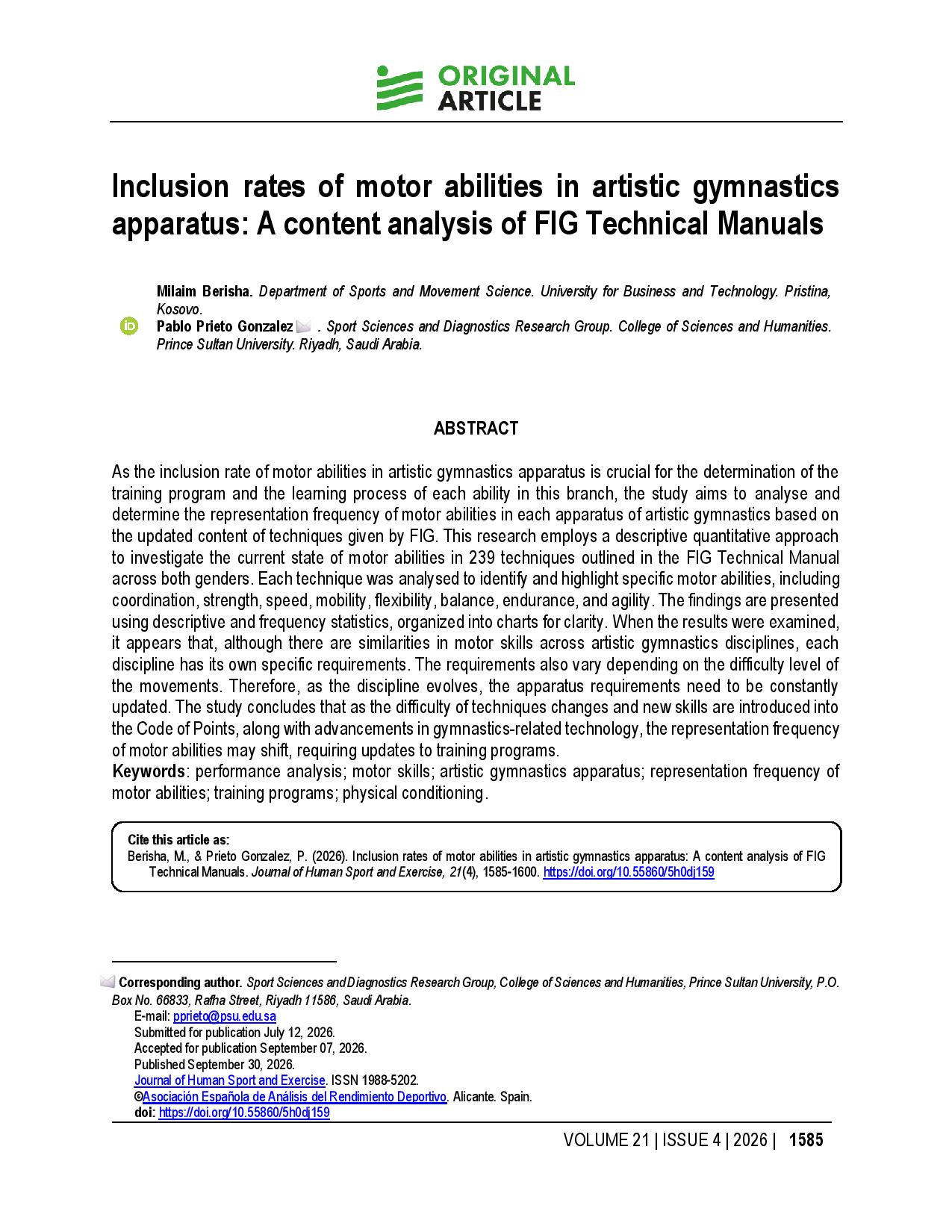 Inclusion rates of motor abilities in artistic gymnastics apparatus: A content analysis of FIG Technical Manuals