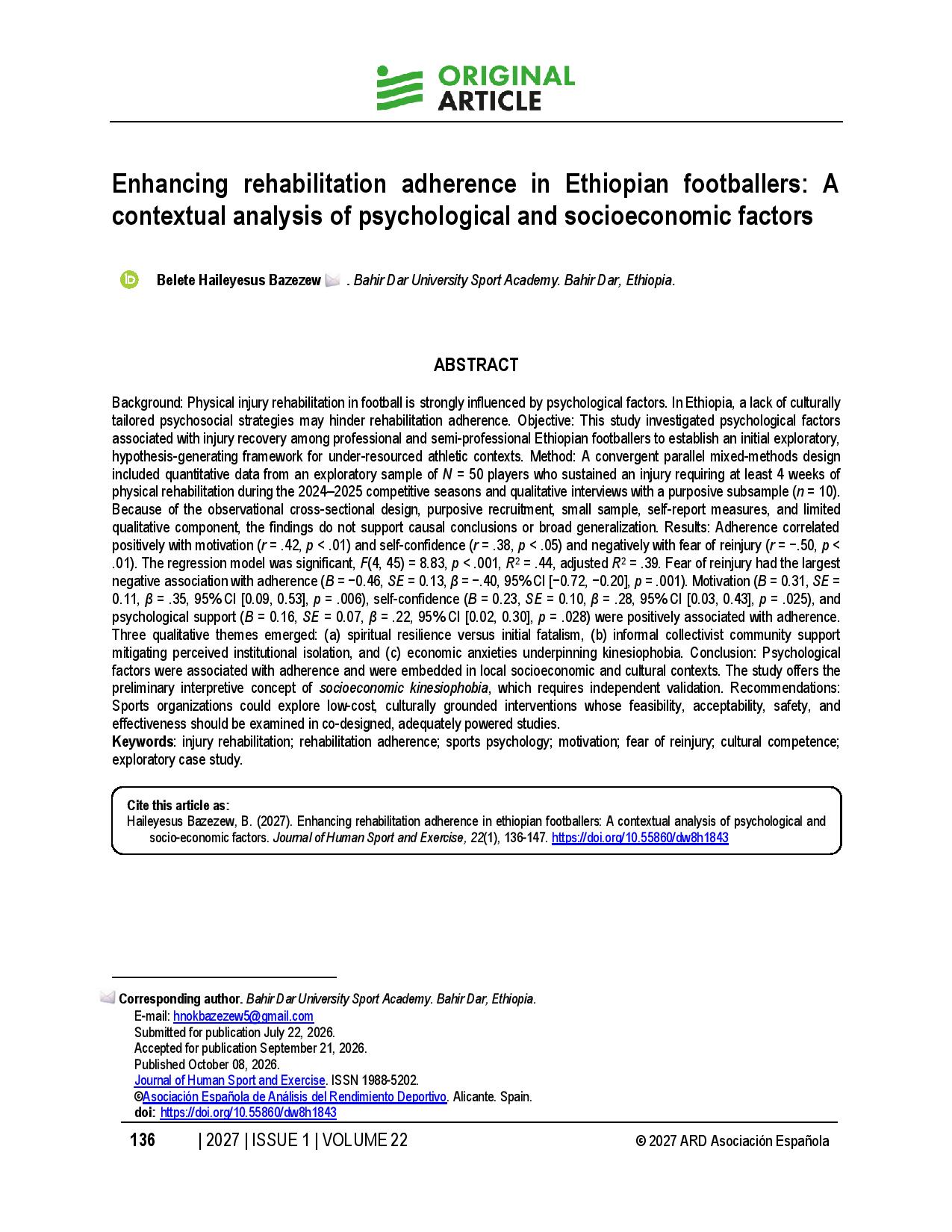 Enhancing rehabilitation adherence in Ethiopian footballers: A contextual analysis of psychological and socioeconomic factors