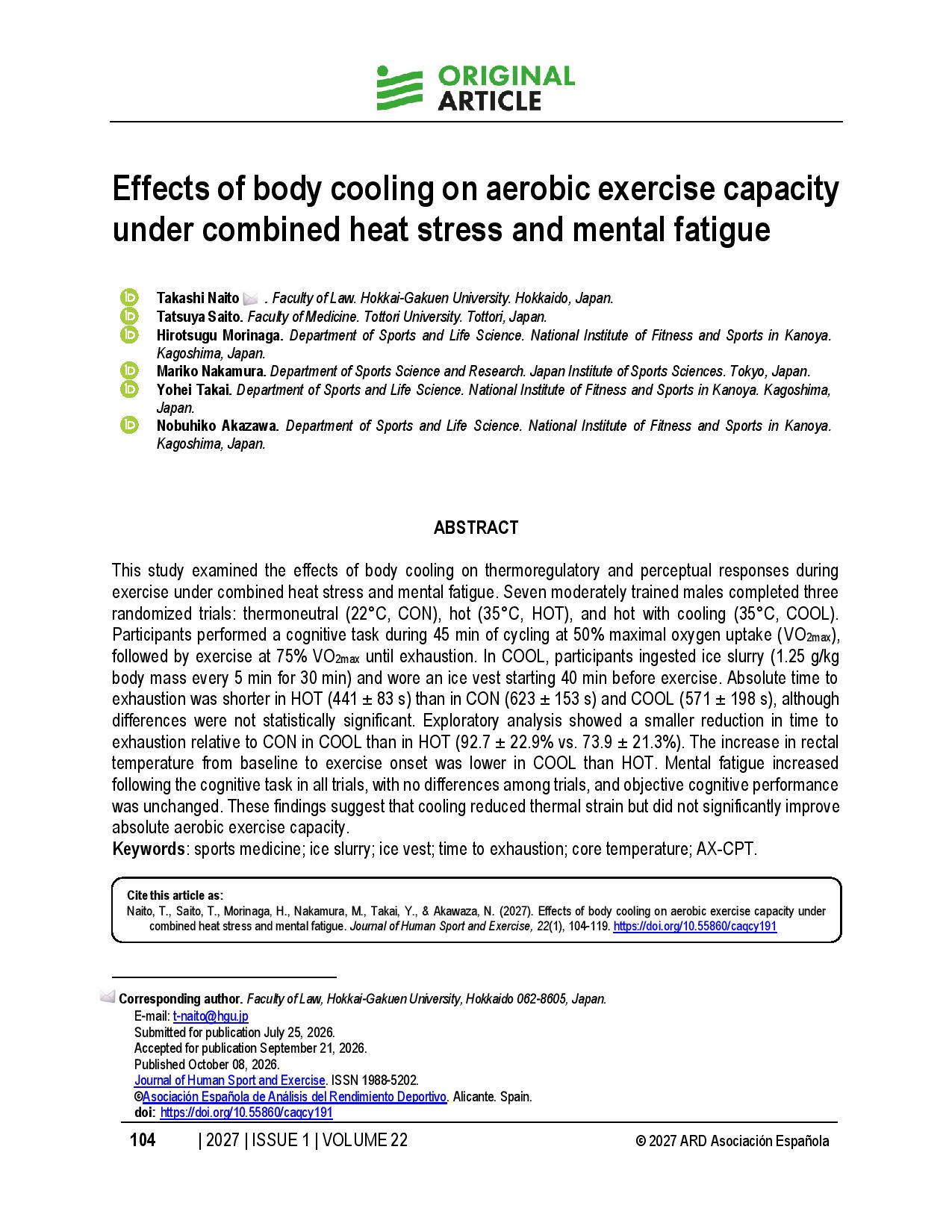 Effects of body cooling on aerobic exercise capacity under combined heat stress and mental fatigue