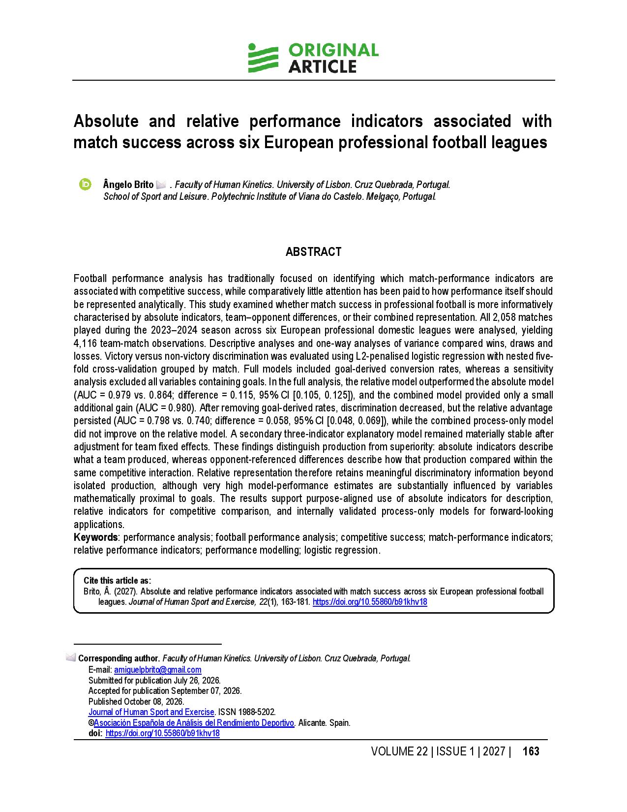 Absolute and relative performance indicators associated with match success across six European professional football leagues