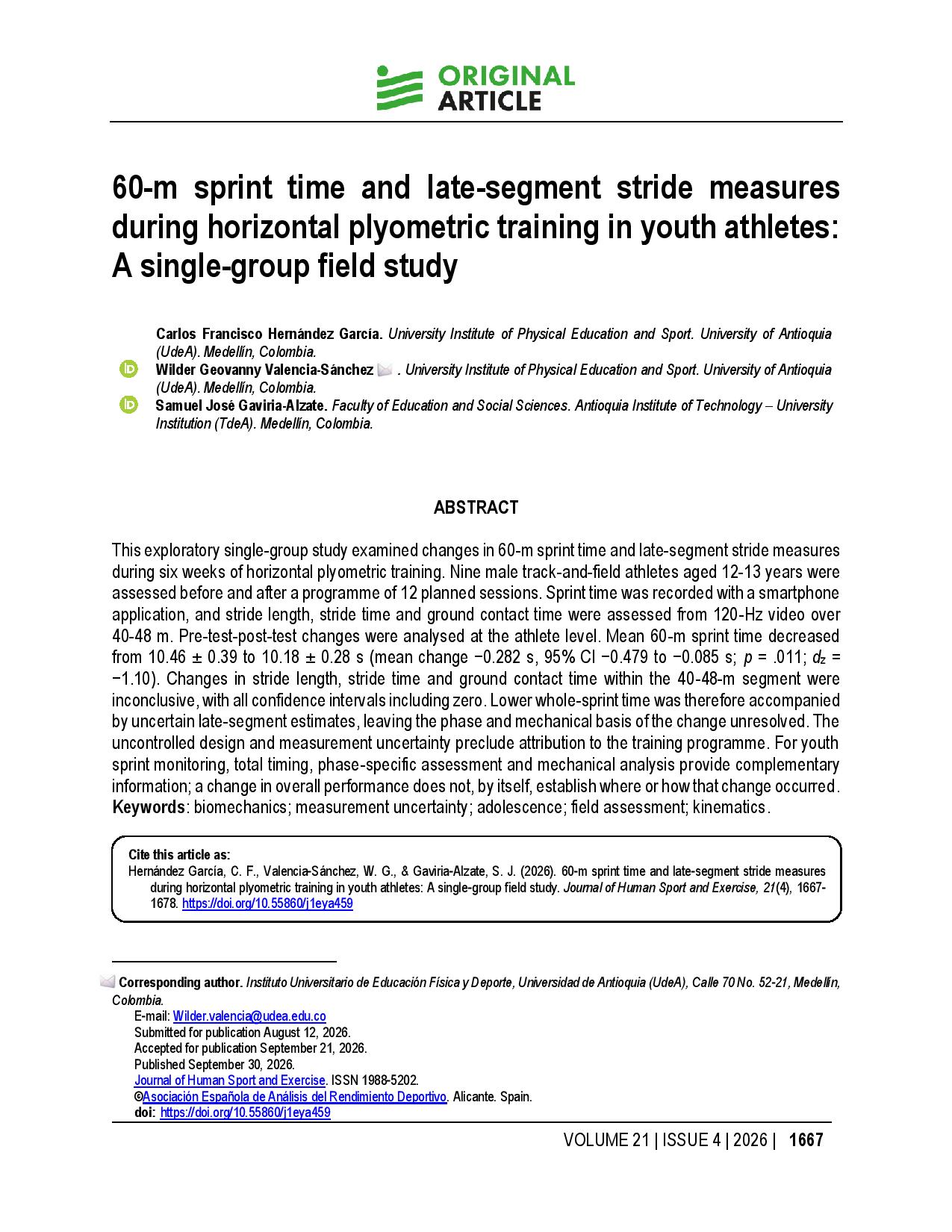 60-m sprint time and late-segment stride measures during horizontal plyometric training in youth athletes: A single-group field study