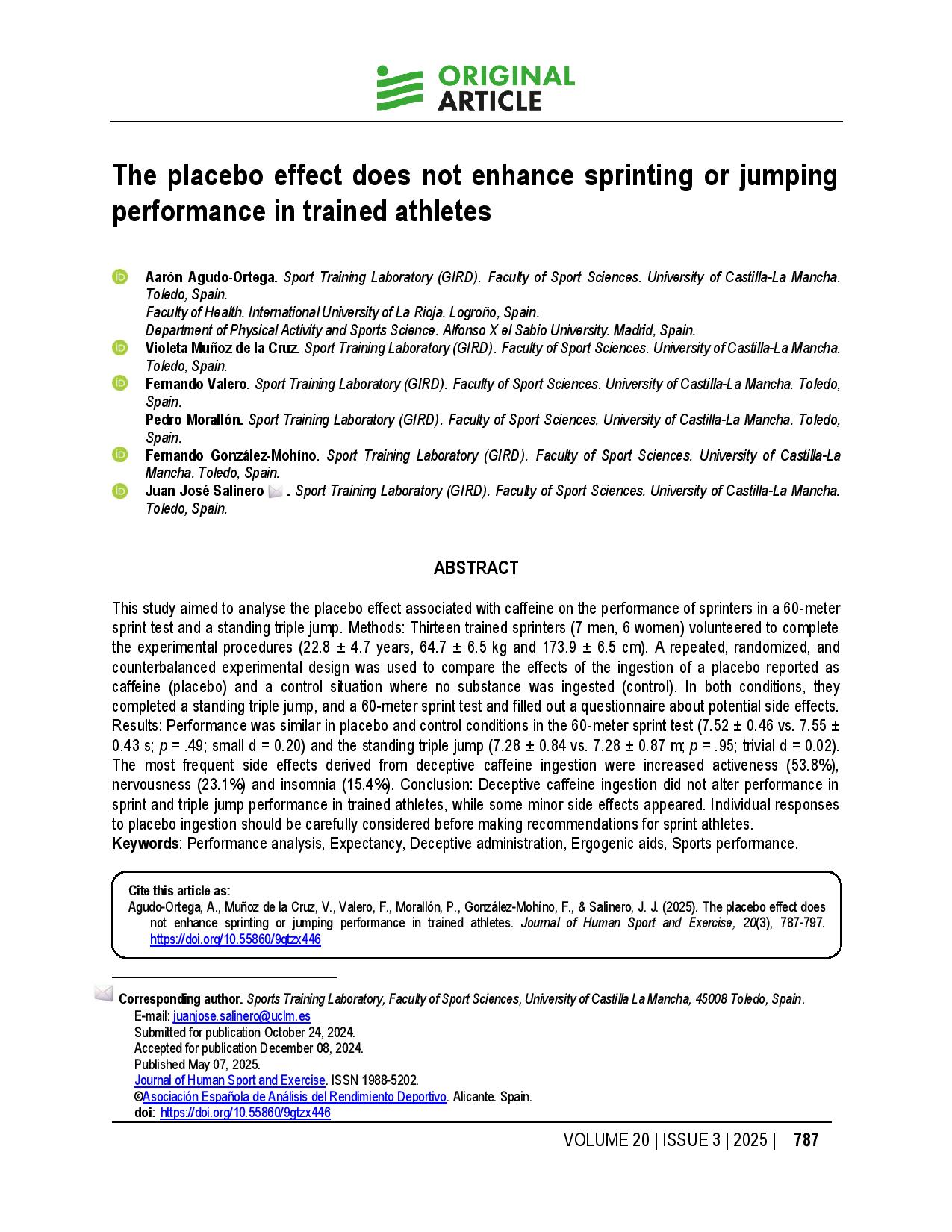 The placebo effect does not enhance sprinting or jumping performance in trained athletes
