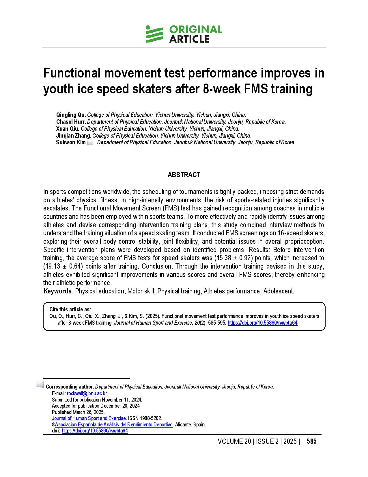 Functional movement test performance improves in youth ice speed skaters after 8-week FMS training