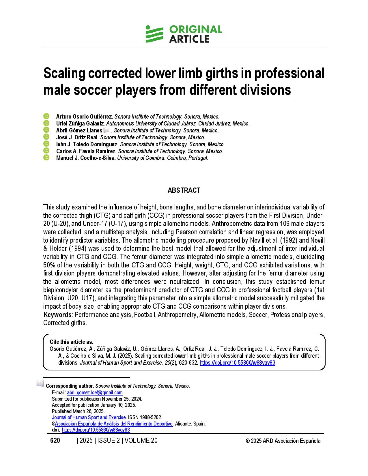 Scaling corrected lower limb girths in professional male soccer players from different divisions
