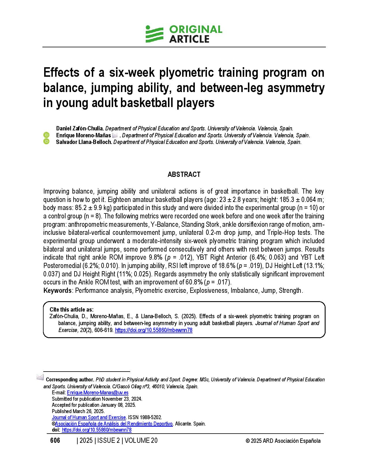 Effects of a six-week plyometric training program on balance, jumping ability, and between-leg asymmetry in young adult basketball players