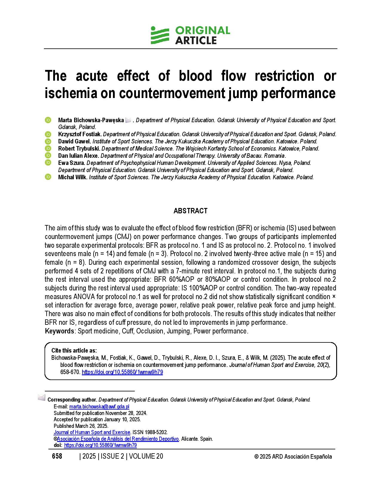The acute effect of blood flow restriction or ischemia on countermovement jump performance