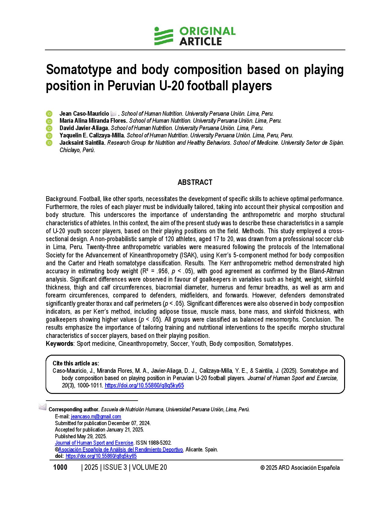 Somatotype and body composition based on playing position in Peruvian U-20 football players
