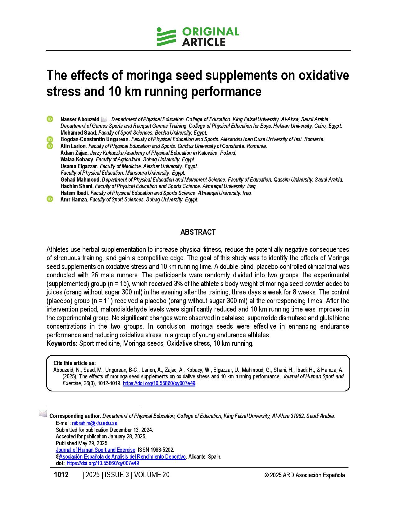 The effects of moringa seed supplements on oxidative stress and 10 km running performance