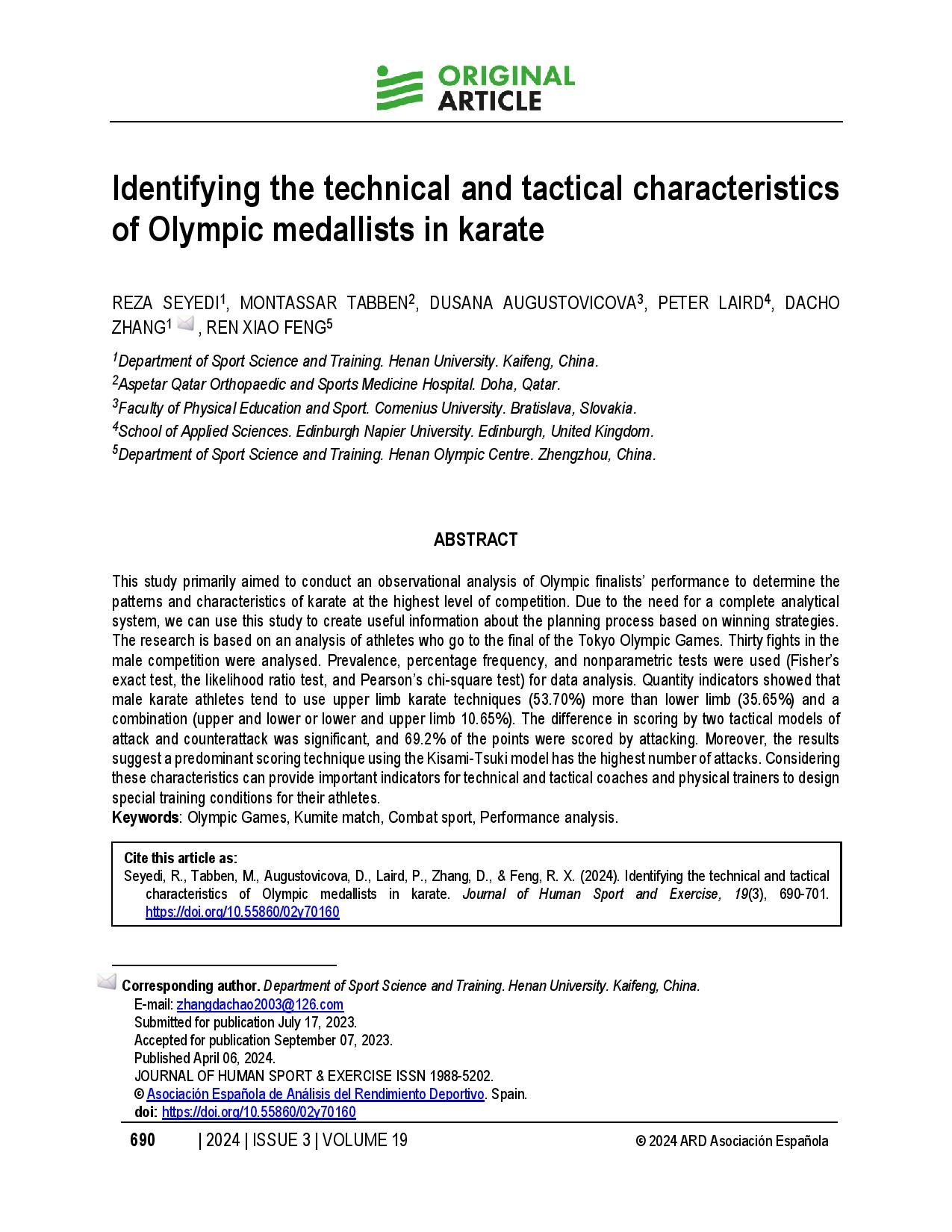 Identifying the technical and tactical characteristics of Olympic medallists in karate