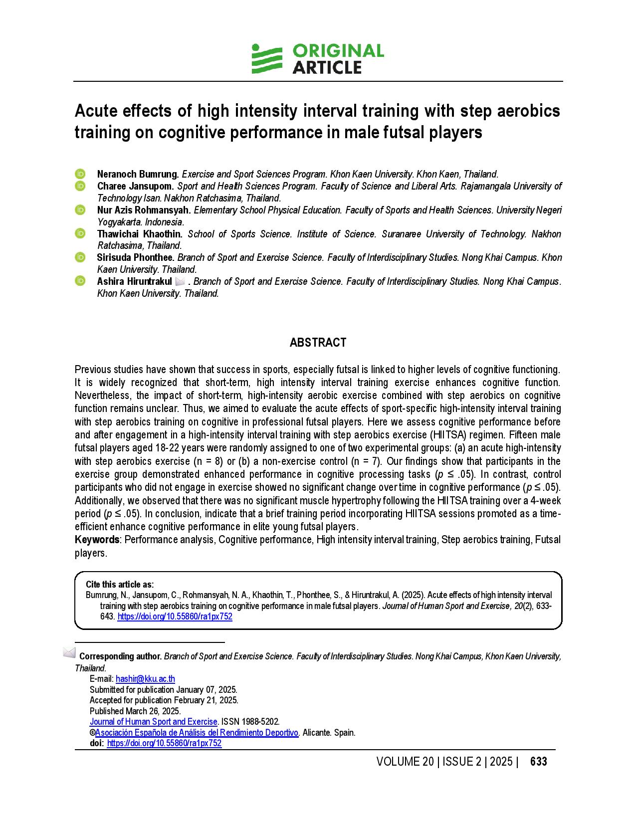 Acute effects of high intensity interval training with step aerobics training on cognitive performance in male futsal players
