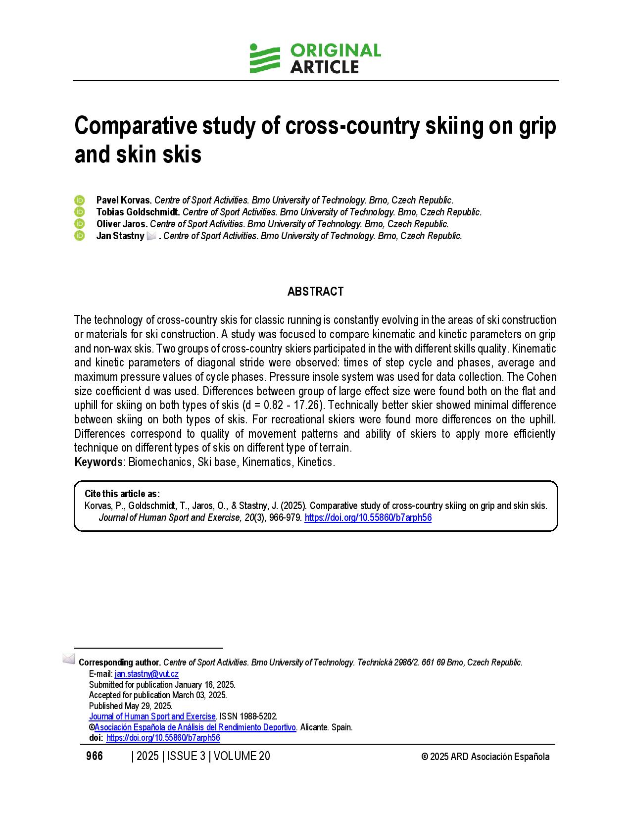 Comparative study of cross-country skiing on grip and skin skis