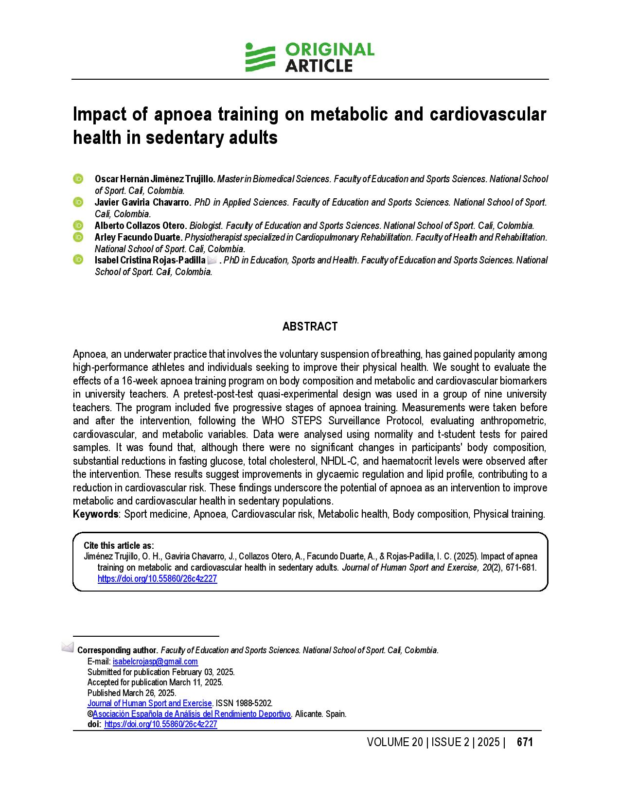 Impact of apnoea training on metabolic and cardiovascular health in sedentary adults