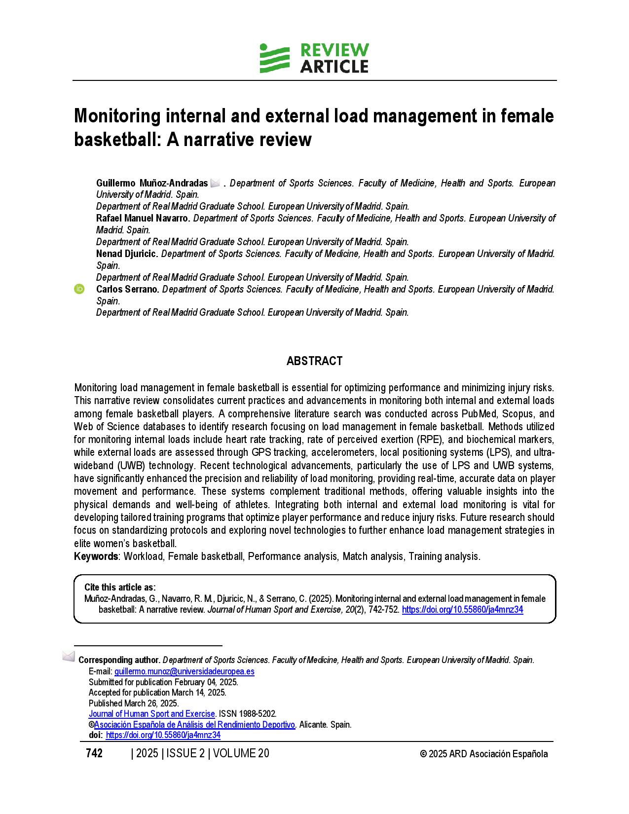Monitoring internal and external load management in female basketball: A narrative review