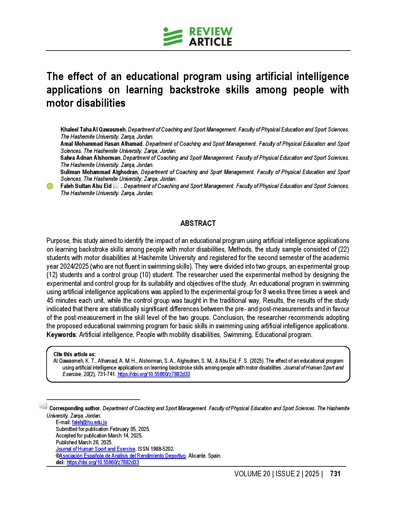 The effect of an educational program using artificial intelligence applications on learning backstroke skills among people with motor disabilities
