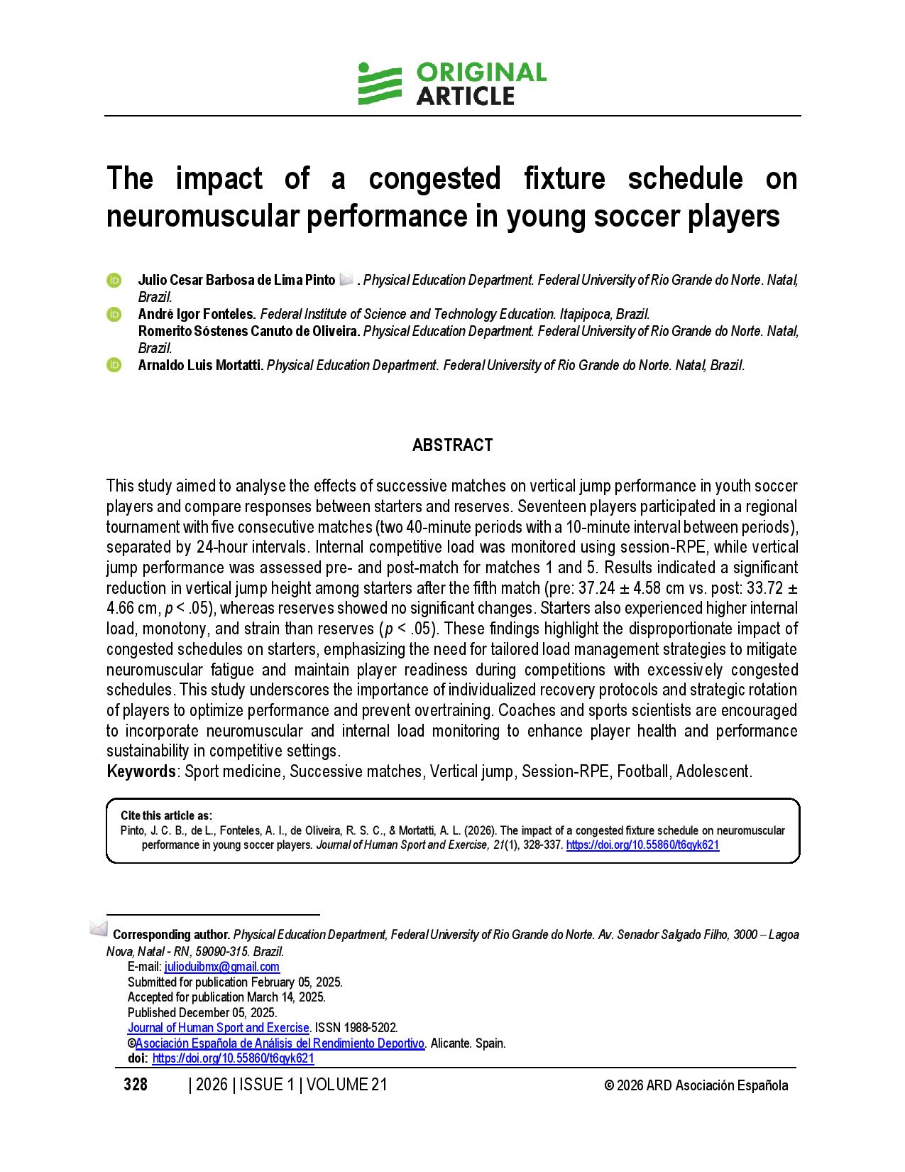 The impact of a congested fixture schedule on neuromuscular performance in young soccer players