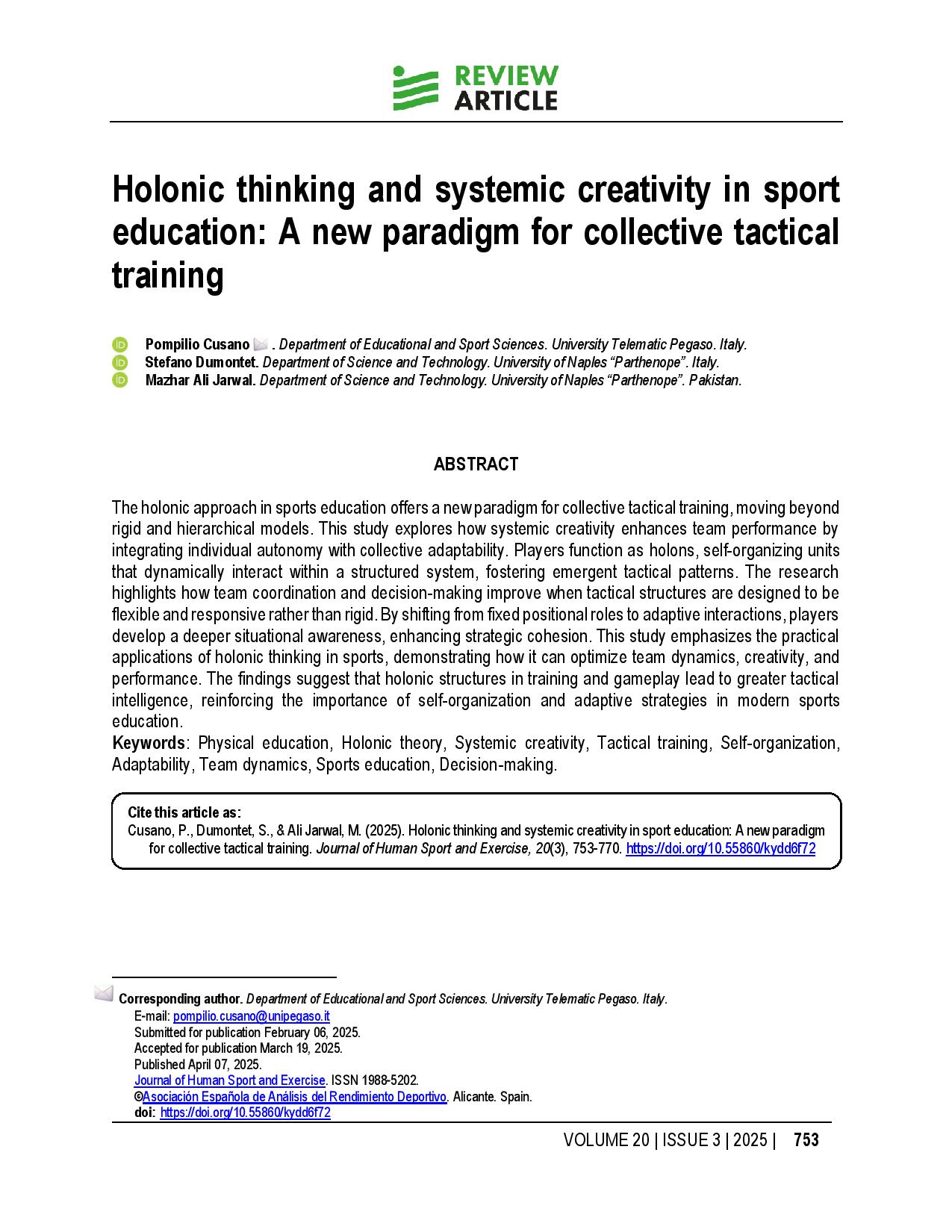 Holonic thinking and systemic creativity in sport education: A new paradigm for collective tactical training