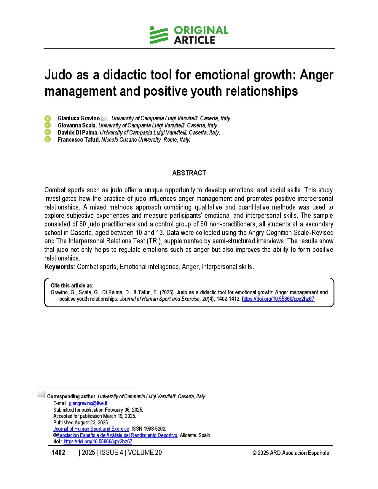Judo as a didactic tool for emotional growth: Anger management and positive youth relationships
