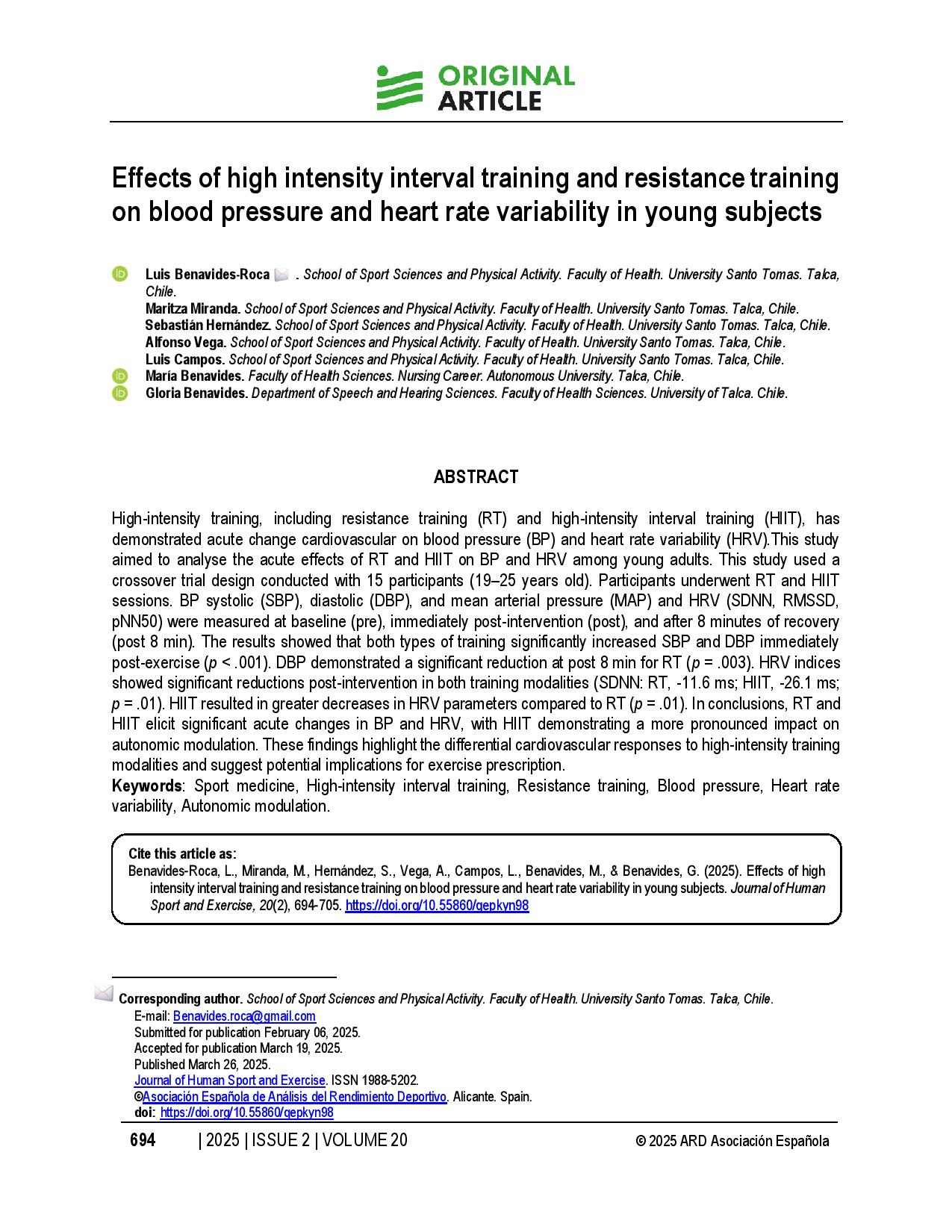 Effects of high intensity interval training and resistance training on blood pressure and heart rate variability in young subjects