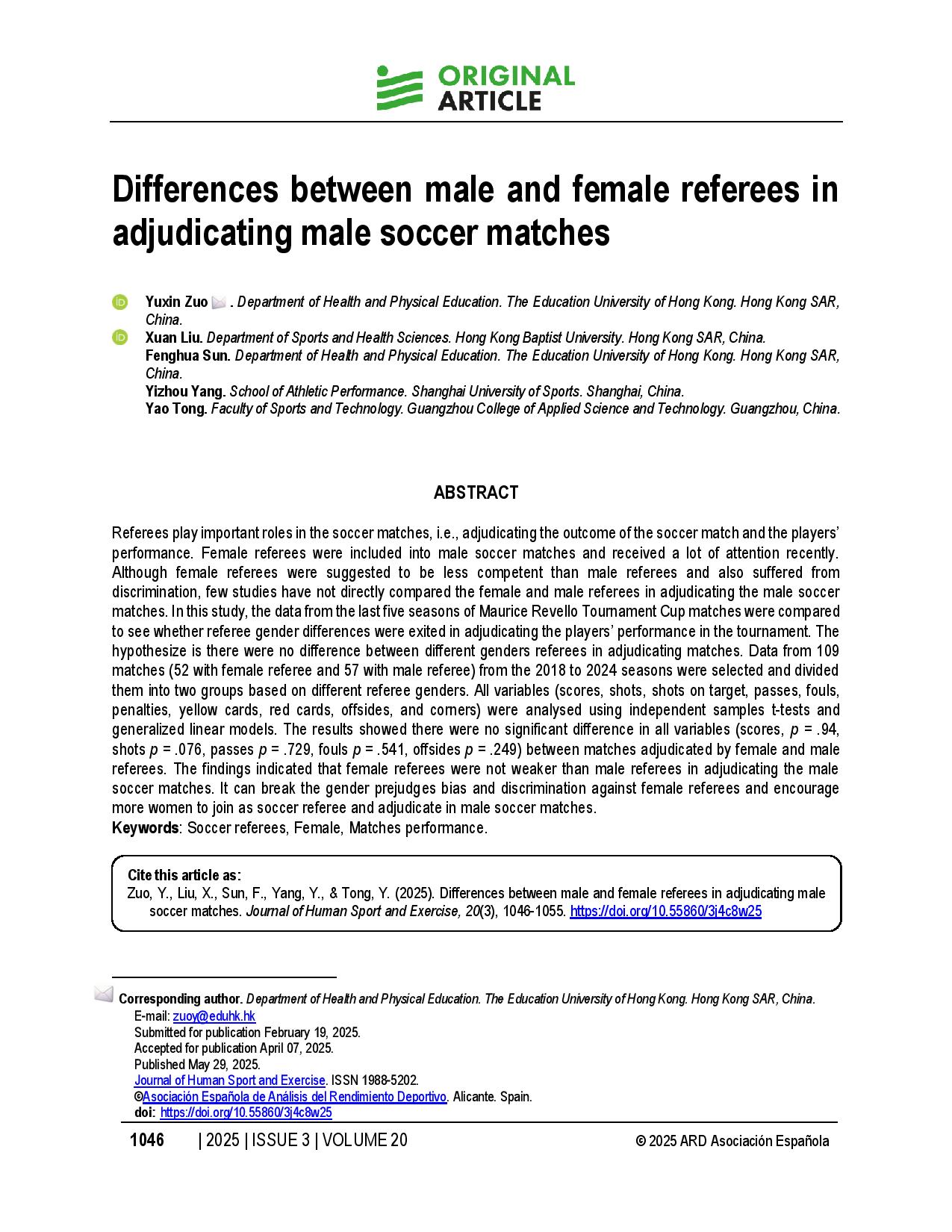 Differences between male and female referees in adjudicating male soccer matches