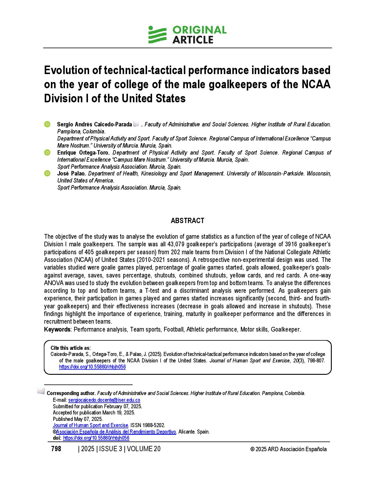 Evolution of technical-tactical performance indicators based on the year of college of the male goalkeepers of the NCAA Division I of the United States