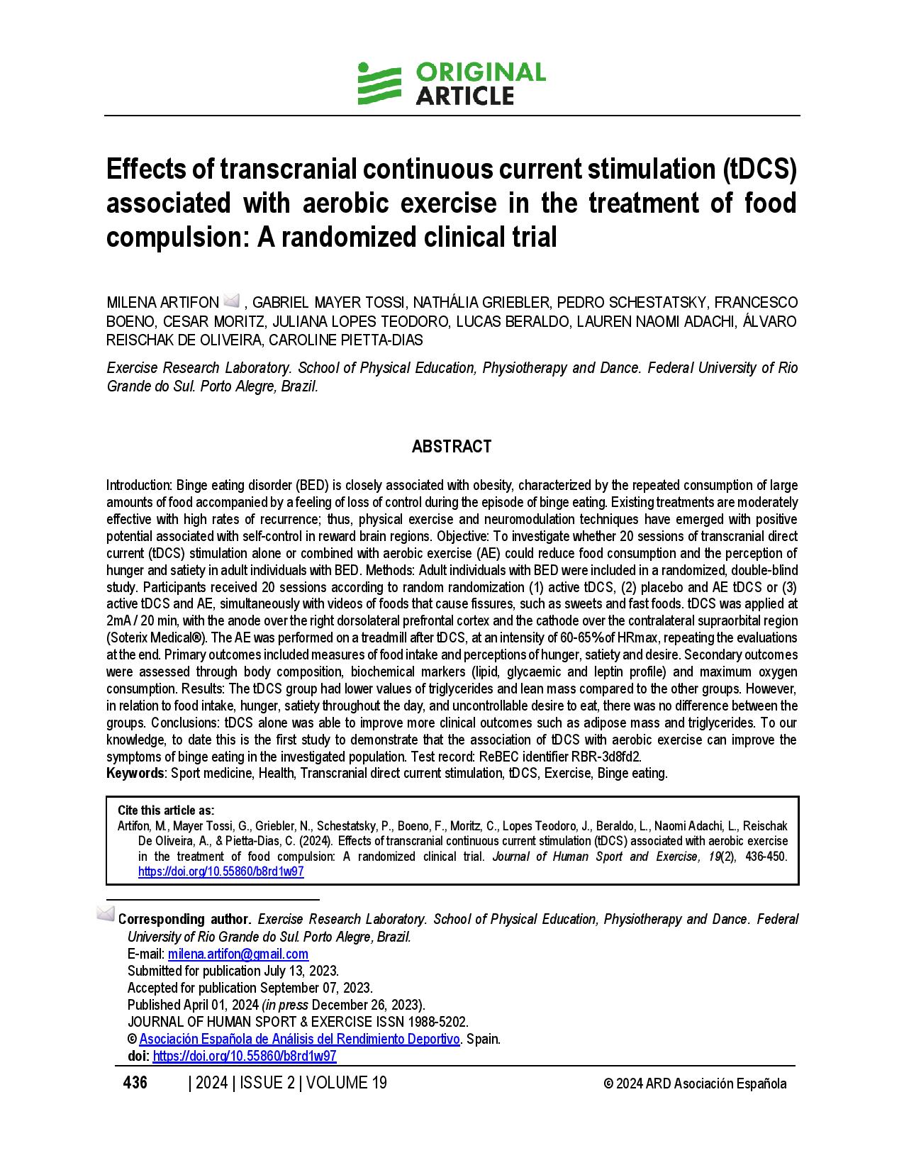 Effects of transcranial continuous current stimulation (tDCS) associated with aerobic exercise in the treatment of food compulsion: A randomized clinical trial