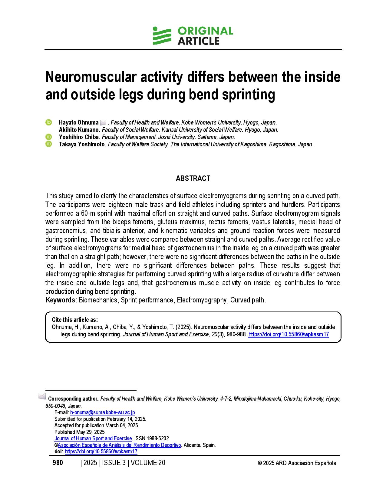 Neuromuscular activity differs between the inside and outside legs during bend sprinting