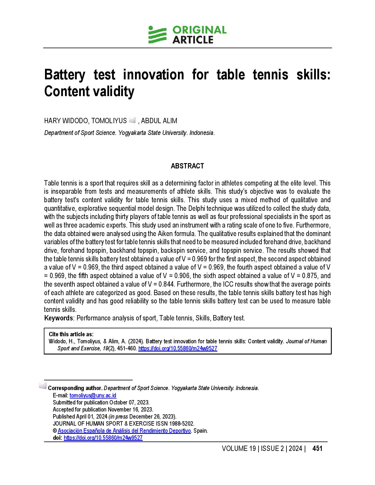 Battery test innovation for table tennis skills: Content validity