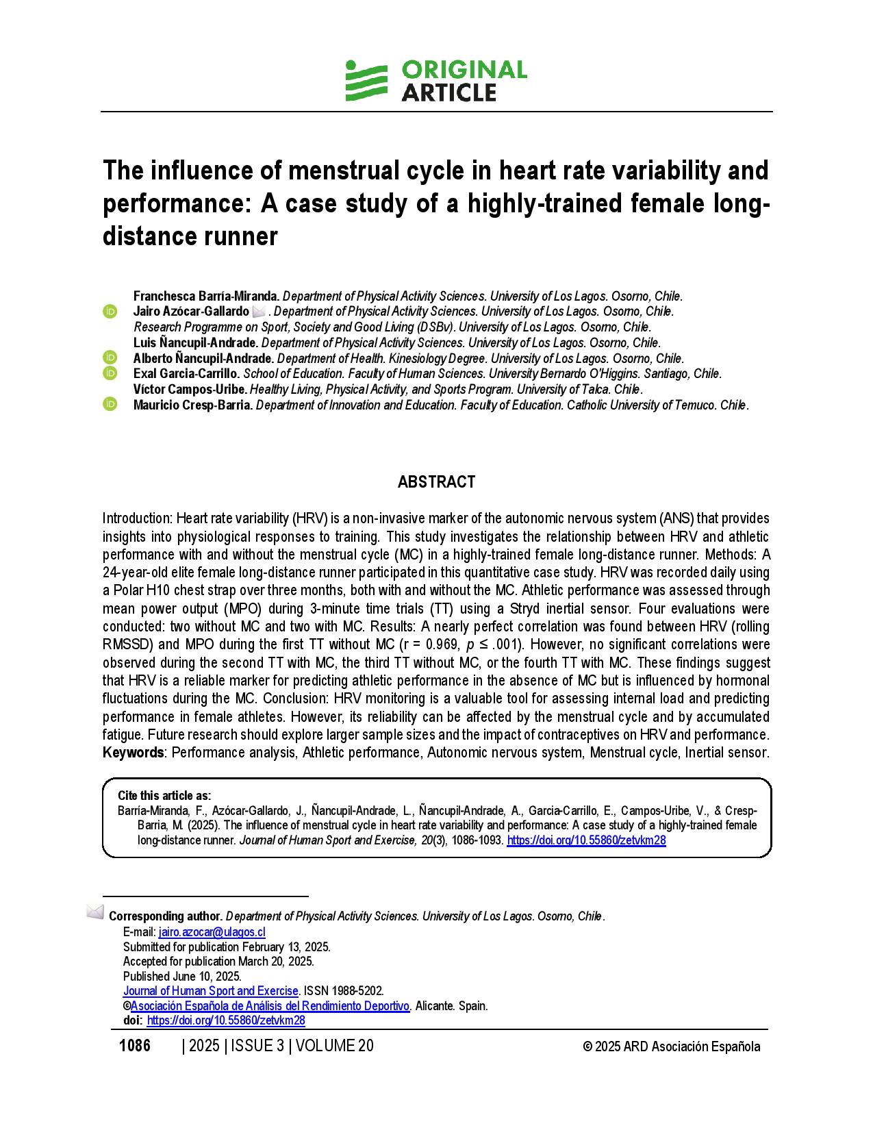 The influence of menstrual cycle in heart rate variability and performance: A case study of a highly-trained female long-distance runner