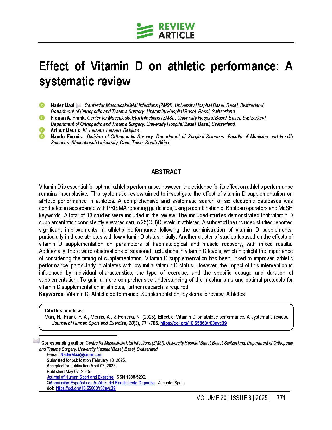 Effect of Vitamin D on athletic performance: A systematic review