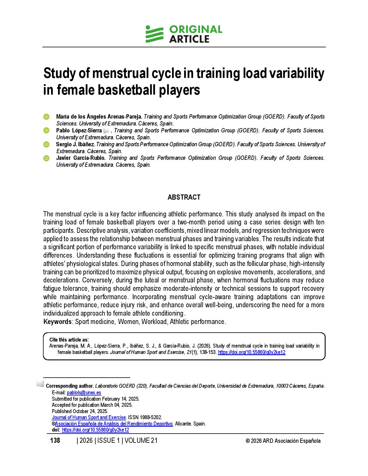 Study of menstrual cycle in training load variability in female basketball players