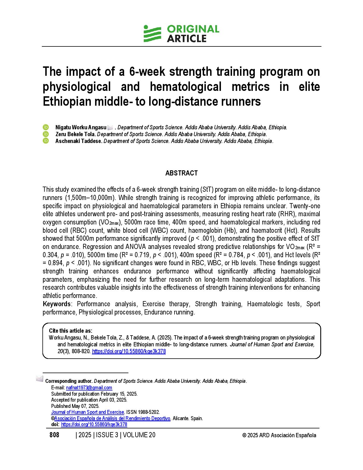 The impact of a 6-week strength training program on physiological and hematological metrics in elite Ethiopian middle- to long-distance runners